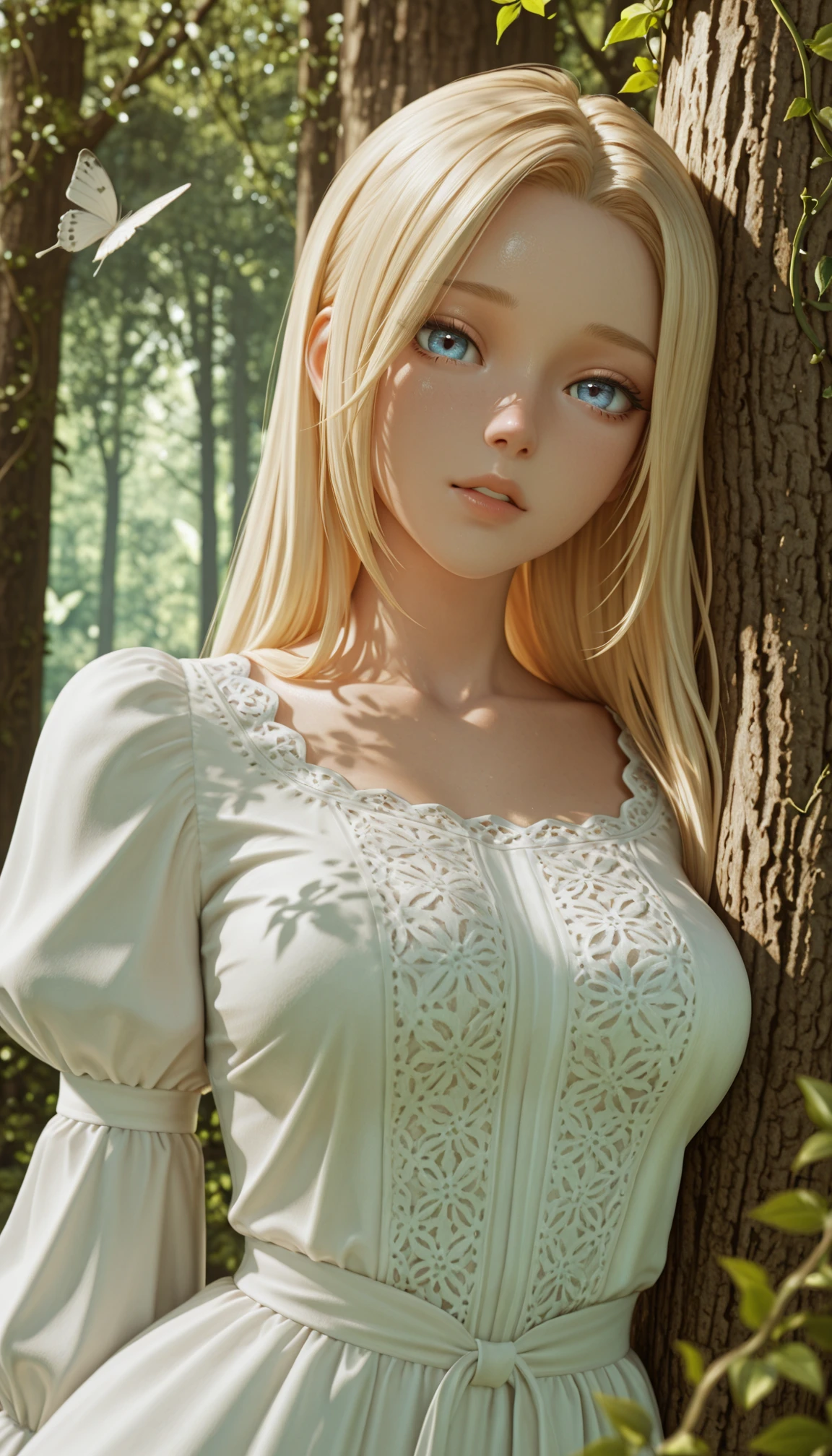 masterpiece, best quality, amazing quality, 4k, very aesthetic, high resolution, ultra-detailed, absurdres, newest, scenery, 3d, rendered, (dappled sunlight:1.2), rim light, backlit, dramatic shadow, 1girl, long blonde hair, blue eyes, shiny eyes, parted lips, medium breasts, puffy sleeve white dress, forest, flowers, white butterfly, looking at viewer, leaning side against tree, vines, green, arms, upper body, close-up, dutch angle, shiny skin, BREAK, dramatic shadow, depth of field, vignetting, volumetric lighting
