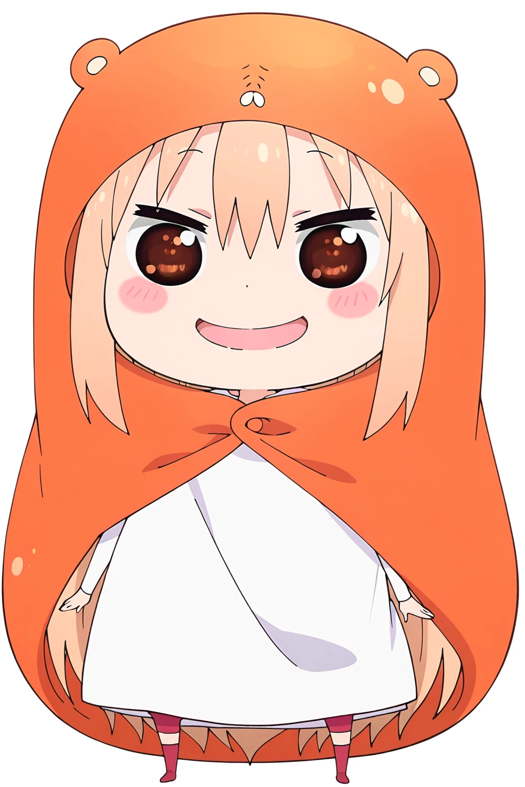 (masterpiece, best quality:1.2), <lyco:himoutoumaru-chan_doma-10:1.0>, (chibi:1.2), solo, 1girl, doma umaru, smile, looking at viewer, hood, white shirt