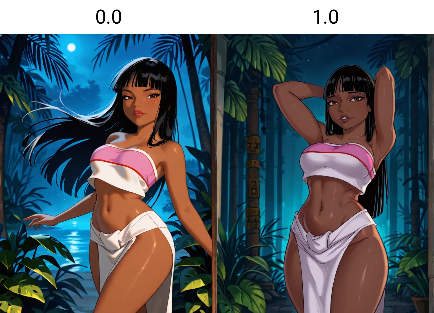 masterpiece, best quality, extremely detailed, detailed background, realistic lighting, night,
1 girl, realistic eyes, detailed eyes, slim, adult female, dynamic pose, looking at viewer,
Drunkr3mbr4ncer,
<lora:Drunkrembrancer_Ill-000015:0.0>,
<lora:Illustrious - Character - Chel_Road_to_El_Dorado:0.7> Chel, 1girl, dark-skinned female, brown eyes, black hair, blunt bangs, long hair, pelvic curtain, midriff, pink bandeau top, cream high-slit skirt,, 2D cartoon, Dreamworks animaton, jungle,