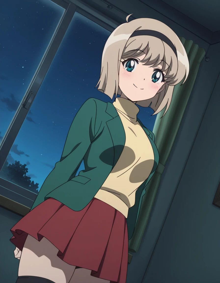 masterpiece, best quality, detailed background, detailed face, anime screencap, <lora:Miki_Hosokawa_-_Jigoku_Sensei_Nube_2025:1>, cowboy shot, dutch angle, 1girl, solo, arms akimbo, Miki H25, light brown hair, short hair,bangs, green eyes, black hairband, large breast, slim waist, green jacket, yellow turtle neck sweater, red skirt, black thighhighs , female bedroom, indoors, night time, smile, closed mouth, seductive, looking at viewer, warm light
