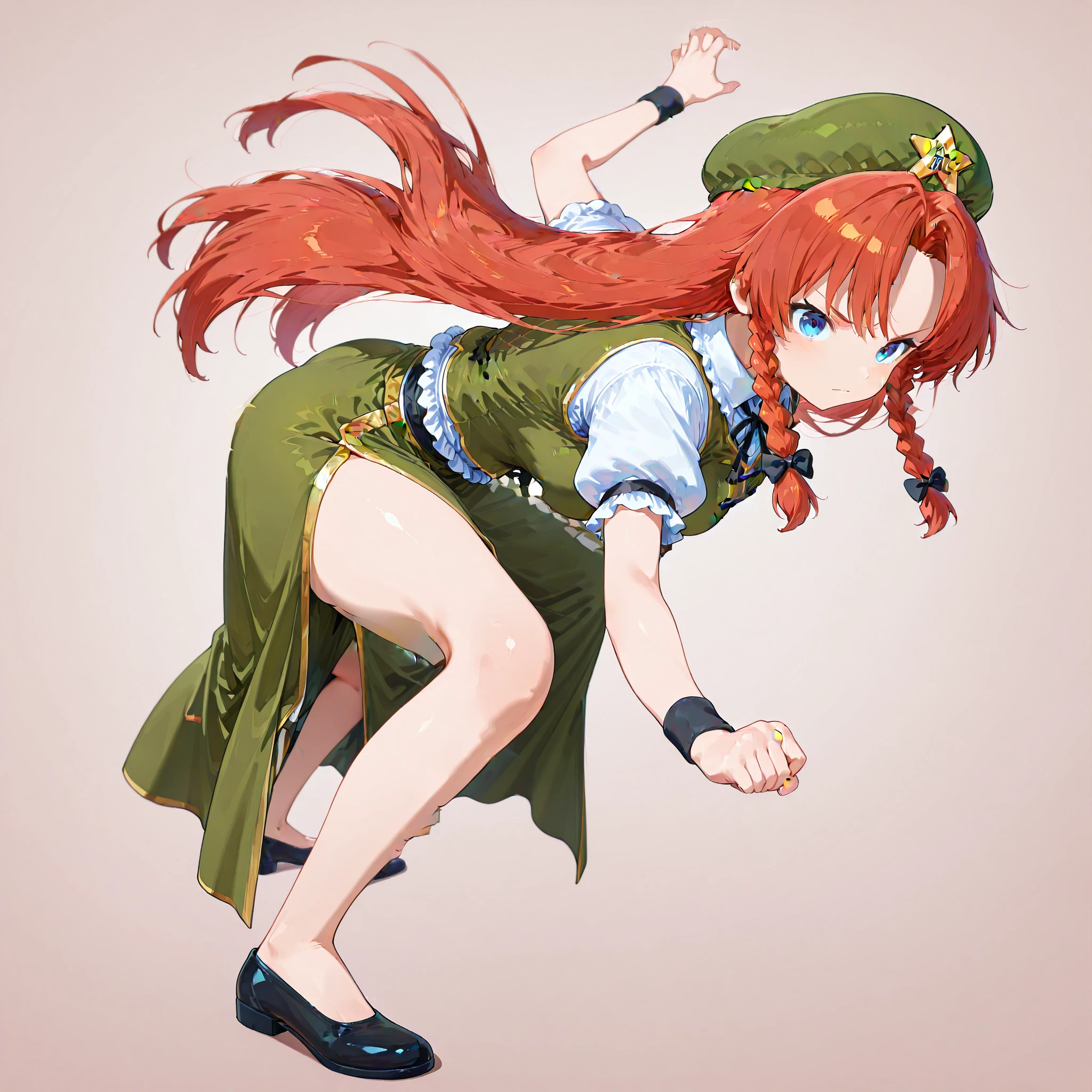 1girl,simple background,, masterpiece, best quality, amazing quality, newest,detailed face, beautiful eye, ,<lora:songokuPoseV1_illustrious:0.8>,,goku_pose_1, squatting pose, fighting stance, full body, right arm outstretched, left hand clenched into fist, legs apart, upper body leaning forward, facing forward,serious expression,
<lora:Hong-Meiling_IllustriousV2:1>,hong meiling, 1girl, solo, blue eyes, red hair, twin braids, long hair, breasts,hair bow, black bow, green hat, beret, star hat ornament, chinese clothes, white shirt, green vest, puffy short sleeves, green skirt, meandros, black shoes, wristband,
