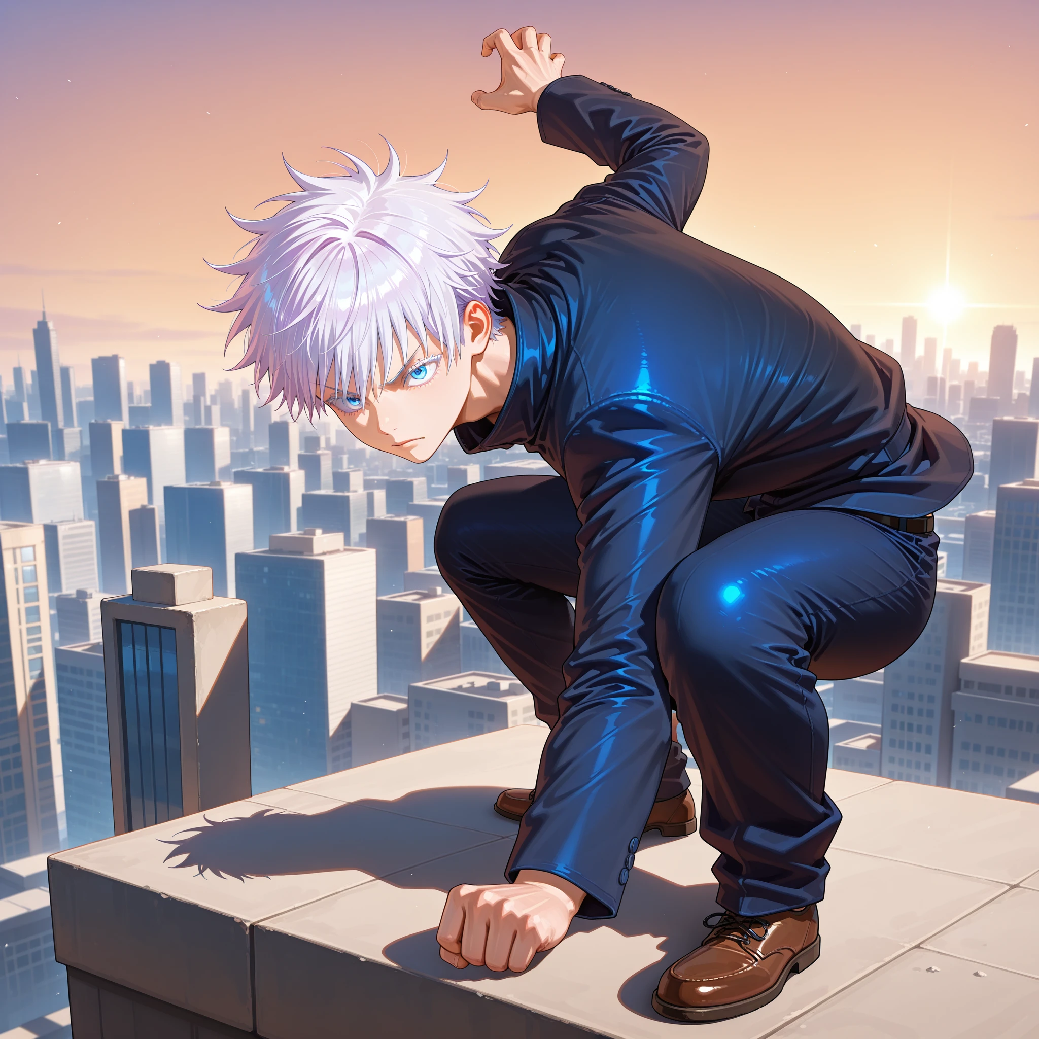 1boy,gojou satoru,cityscape, masterpiece, best quality, amazing quality, newest,detailed face, beautiful eye, ,<lora:songokuPoseV1_illustrious:0.9>,,goku_pose_1, squatting pose, fighting stance, full body, right arm outstretched, left hand clenched into fist, legs apart, upper body leaning forward, facing forward,serious expression,