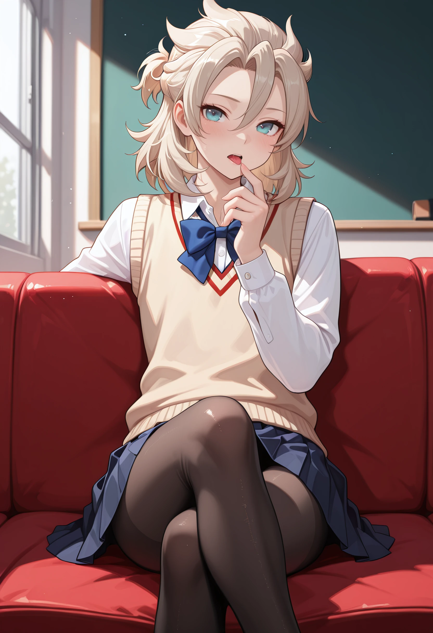 1boy, male focus, amazing quality, high resolution, ultra-detailed, albedo, pantyhose, solo, crossed legs, skirt, crossdressing, shirt, sitting, alternate costume, school uniform, sweater vest, vest, white shirt, licking, hair between eyes, looking at viewer, long sleeves, black pantyhose, pleated skirt, bang, masterpiece, best quality, very aesthetic, absurdres
