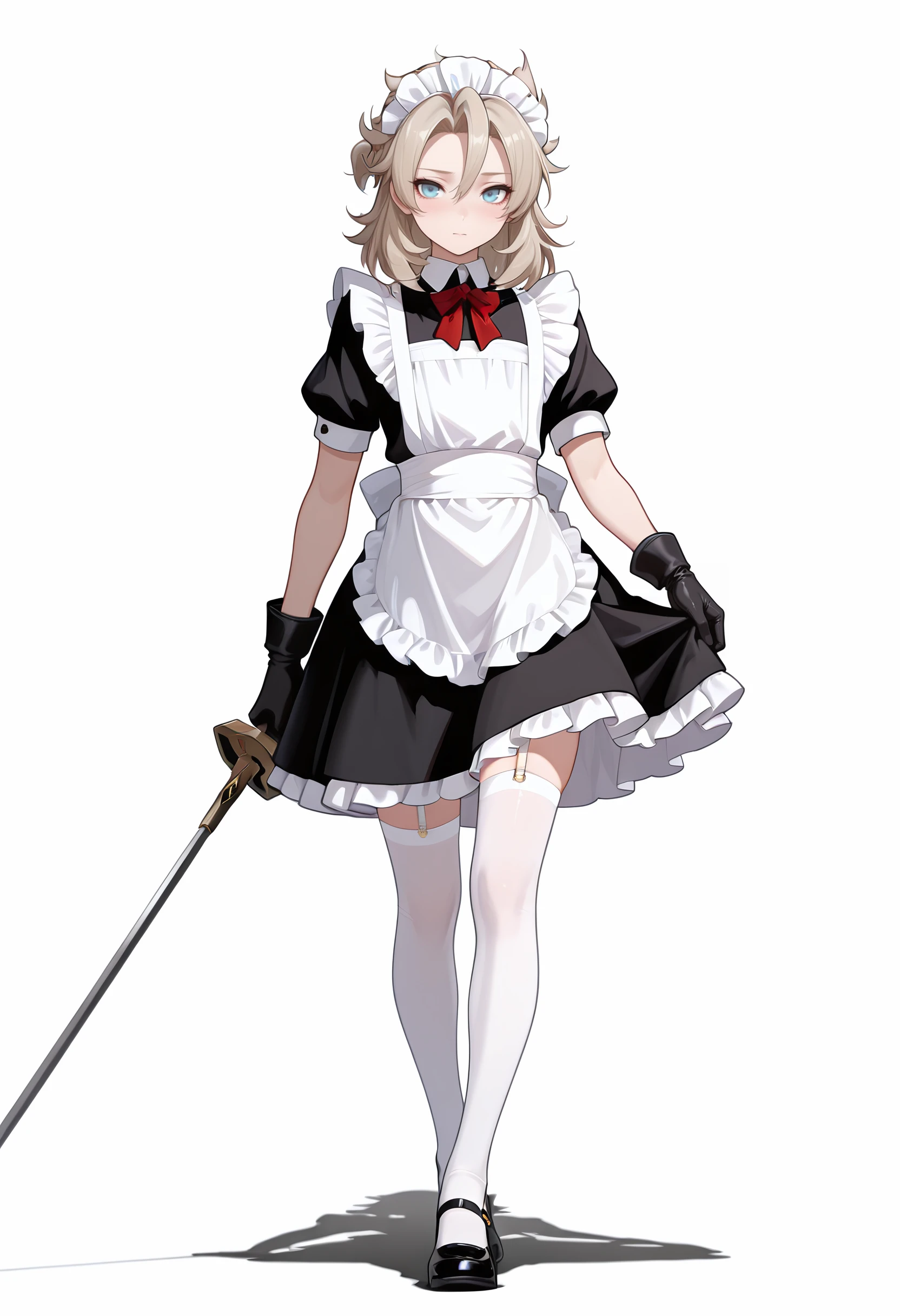 1boy, male focus, amazing quality, high resolution, ultra-detailed, albedo, crossdressing, apron, solo, maid, gloves, thighhighs, alternate costume, dress, holding, frills, enmaided, black gloves, holding weapon, white background, weapon, white thighhighs, frilled apron, full body, maid apron, black dress, white apron, masterpiece, best quality, very aesthetic, absurdres