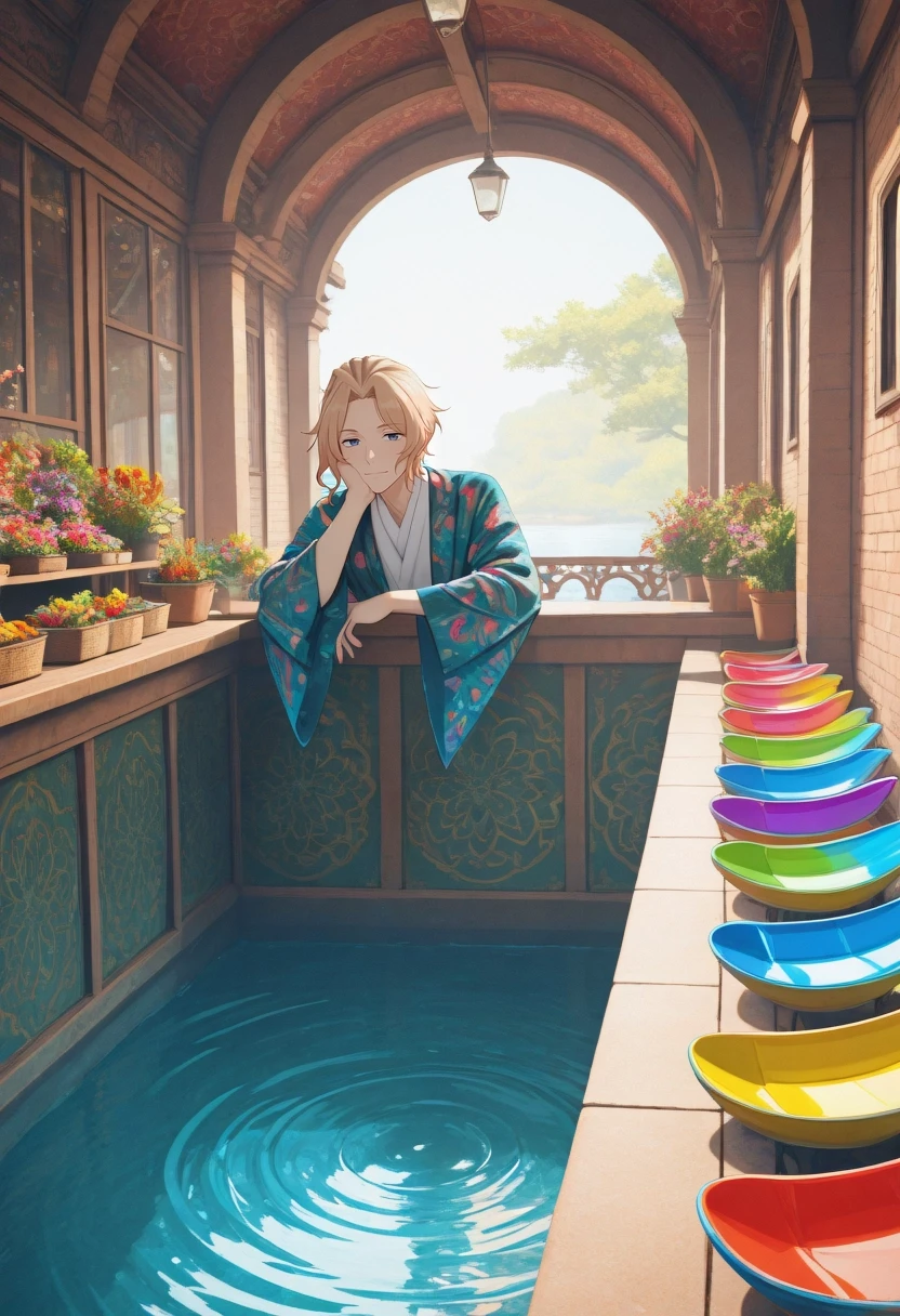 masterpiece, best quality, amazing quality, very aesthetic, high resolution, ultra-detailed, absurdres, newest, colorful, highest detailed, very awa, 3d, 1boy, solo, male focus, <lora:keith_claes_ilxl:0.98>, keith_claes, blonde hair, blue eyes, short hair, bangs, , leaning, relaxed expression, tranquil floating market, traditional attire, warm afternoon sun, full shot, colorful boats, fresh produce, gentle water ripples, peaceful, cultural, intricate patterns of textiles, sharp focus, rich colors, clear view
