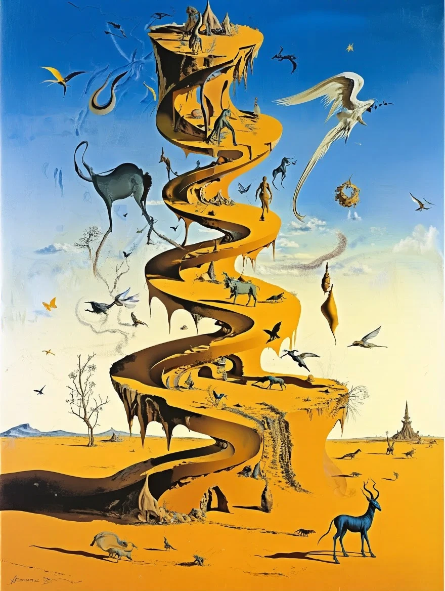 Salvador Dali style. Abstract and surreal painting.  A recursive warping tower in the desert.  Abstract figures and animals flutter around it.