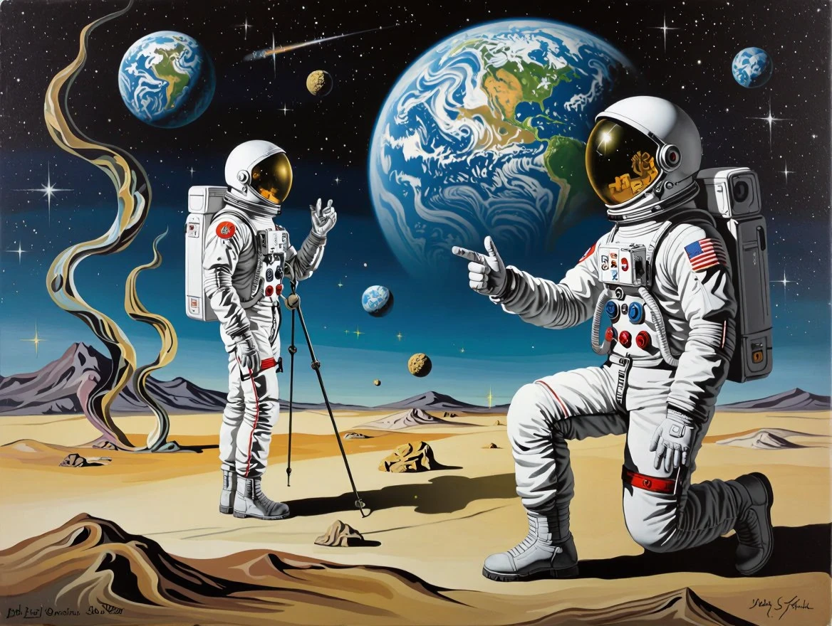 Salvador Dali style.  Abstract surreal painting. Astronaut posing for a picture on an abstract and weird moon.  The earth is in the background sky.