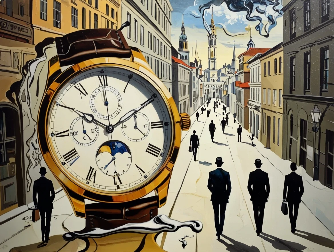 Salvador Dali style.  Abstract surreal painting.  A city scene with business men walking down the street looking at their watches.  The watch and person are melting.