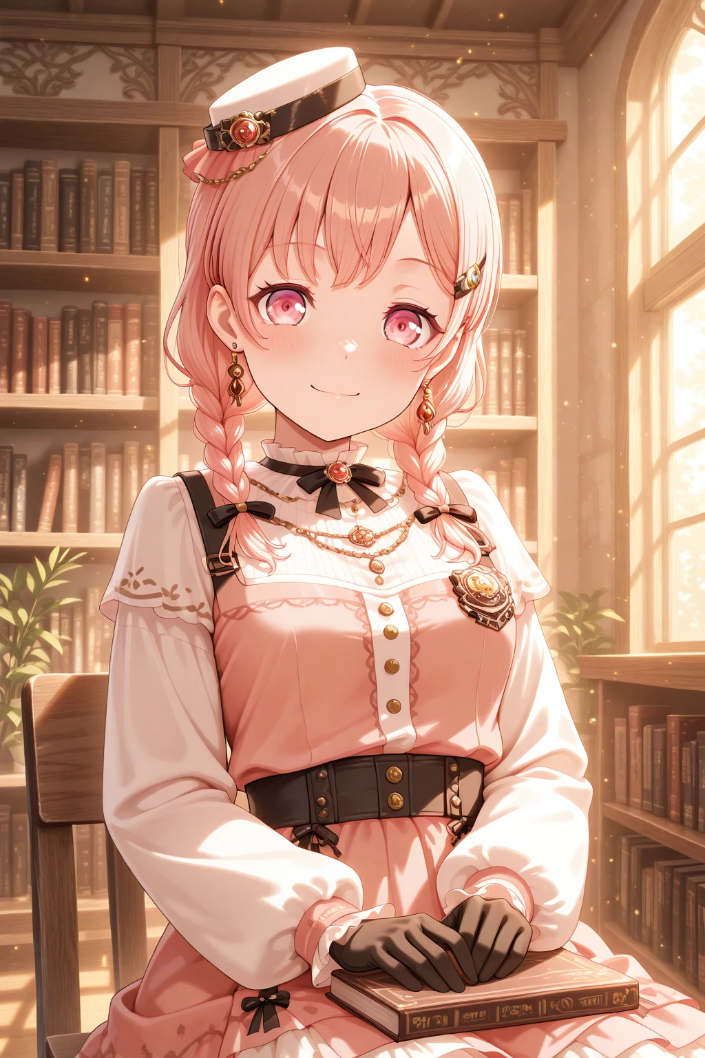 masterpiece, best quality, amazing quality, 1girl, solo, makeup, cowboy shot, (looking at viewer), blush, serene smile, plant, light particles, lens flare, holding book, library, bookshelf, window, sunlight, sitting, indoors, <lora:Hiromachi_Namami_Ban_Dori:1>, Hiromachi_Namami_Ban_Dori, pink eyes, pink hair, (twin braids, round braids), breasts, hairclip, dress, frilled dress, gloves, bow, ribbon, jewelry, earrings, puffy sleeves, mini hat, <lora:wai-2Rectified-V140:1>, <lora:illustrious_noobai_epsilon_pred_1_masterpieces_v1:1>