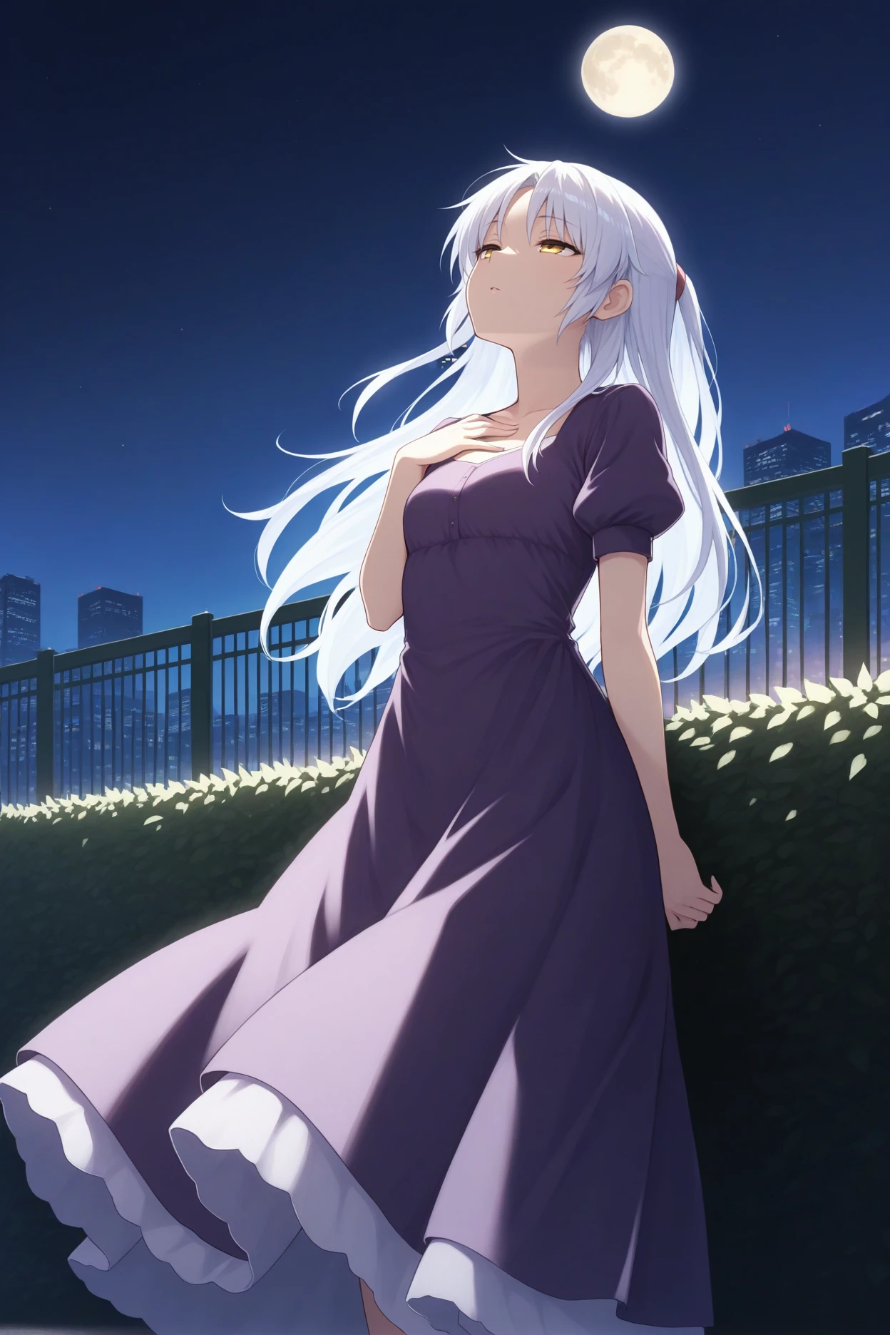 masterpiece, best quality, 1girl, solo, <lora:abtenshi-illu-nvwls-v1-000006:1> tkne, white hair, long hair, yellow eyes, purple dress, long dress, puffy short sleeves, looking up, night sky, moon, hedges, fence, city, hand on own chest, half-closed eyes
