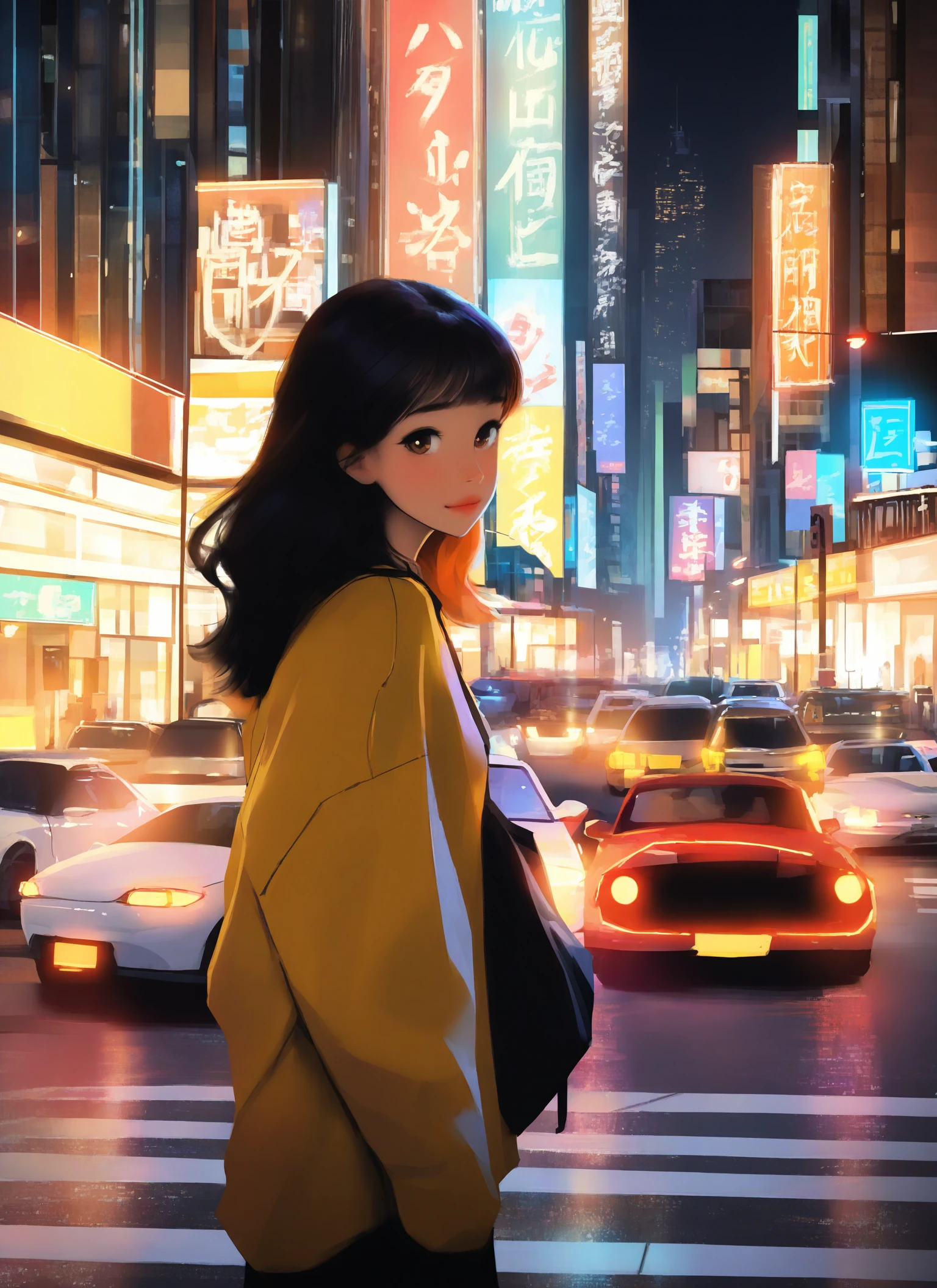 samdoesarts, digital art, anime style, 1girl, night, cityscape, street, crosswalk, yellow taxi, neon signs, Japanese text, urban, lights, traffic lights, cars, black hair, wavy hair, shoulder-length hair, brown eyes, yellow jacket, white shirt, black bag, looking back, over shoulder, standing, streetlights, reflections, illuminated signs, modern city, detailed background, realistic lighting, soft shadows, warm colors, cool colors, urban nightlife, city life, street view, night scene, realistic textures, city lights, urban environment, neon glow, street signs, traffic, city lights reflection, realistic proportions, detailed background, urban setting, nighttime atmosphere, cityscape background, urban life, realistic city, street photography style, detailed cityscape, urban realism, city at night.