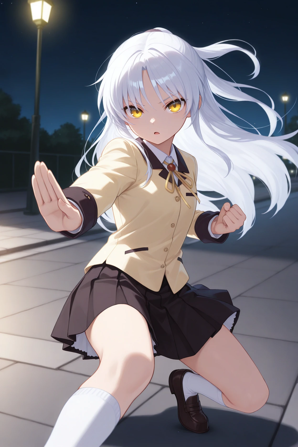 masterpiece, best quality, 1girl, solo, <lora:abtenshi-illu-nvwls-v1-000006:1> tkne, white hair, long hair, yellow eyes, yellow blazer, white shirt, neck ribbon, yellow ribbon, collared shirt, black skirt, pleated skirt, miniskirt, white socks, kneehighs, loafers, fighting stance, looking at viewer, serious, open mouth, night sky, lamppost, sidewalk,