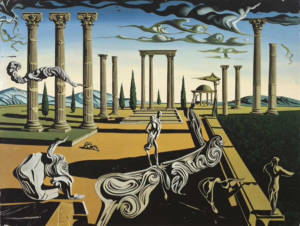 Salvador Dali style.  Abstract surreal painting.  Ancient garden that is distorted and mishapen.  Roman columns are scattered in the background. 