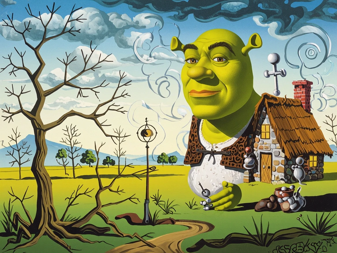 Salvador Dali style.  Abstract surreal painting.  Shrek at his swamp cottage.  Swamp is weird and abstract.