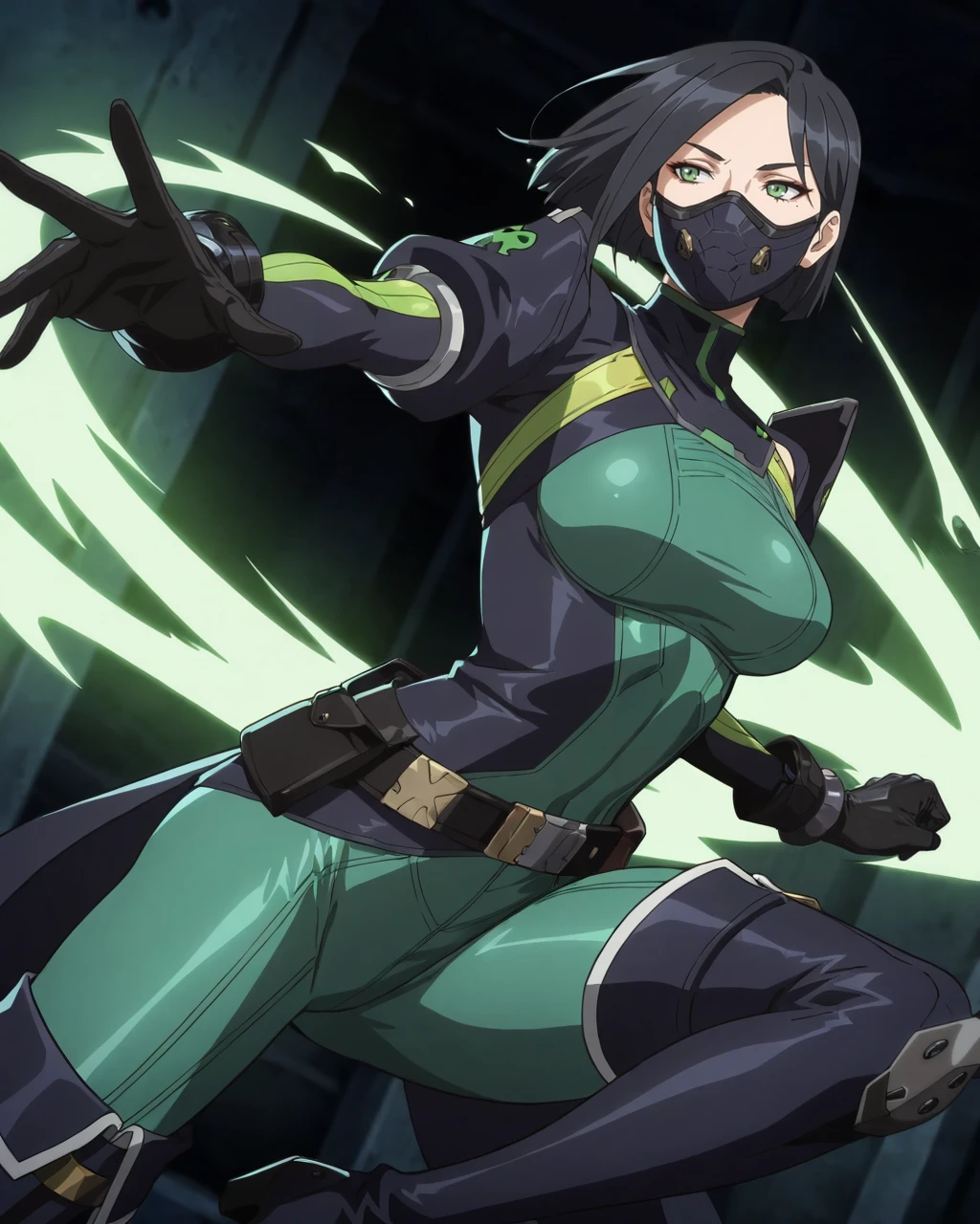 masterpiece, Anime, 2d, absurdres, Seinen, anime screencap, anime coloring, very awa,volumetric lighting, <lora:NM_Viper_ill:1>, nm_viper, 1girl, solo, , green eyes, short hair, black hair, hair behind ear, breasts, medium breasts, mask, mouth mask, bodysuit, green bodysuit, gloves, black gloves, thigh boots, dynamic pose, dynamic angle, realistic anime style, Flatline, Flat vector illustration, 2d, very aesthetic, official art, stylized, vibrant, digital, best quality, amazing quality, highly detailed, high resolution, perfect details, ultra-detailed, sharp lineart,<lora:MeMaXL4 Type D:0.75>,KKSWHNS-Style-V1.0, expressiveKuro-V1.0, <lora:KKSWHNS-Style-V1-illust:0.5>