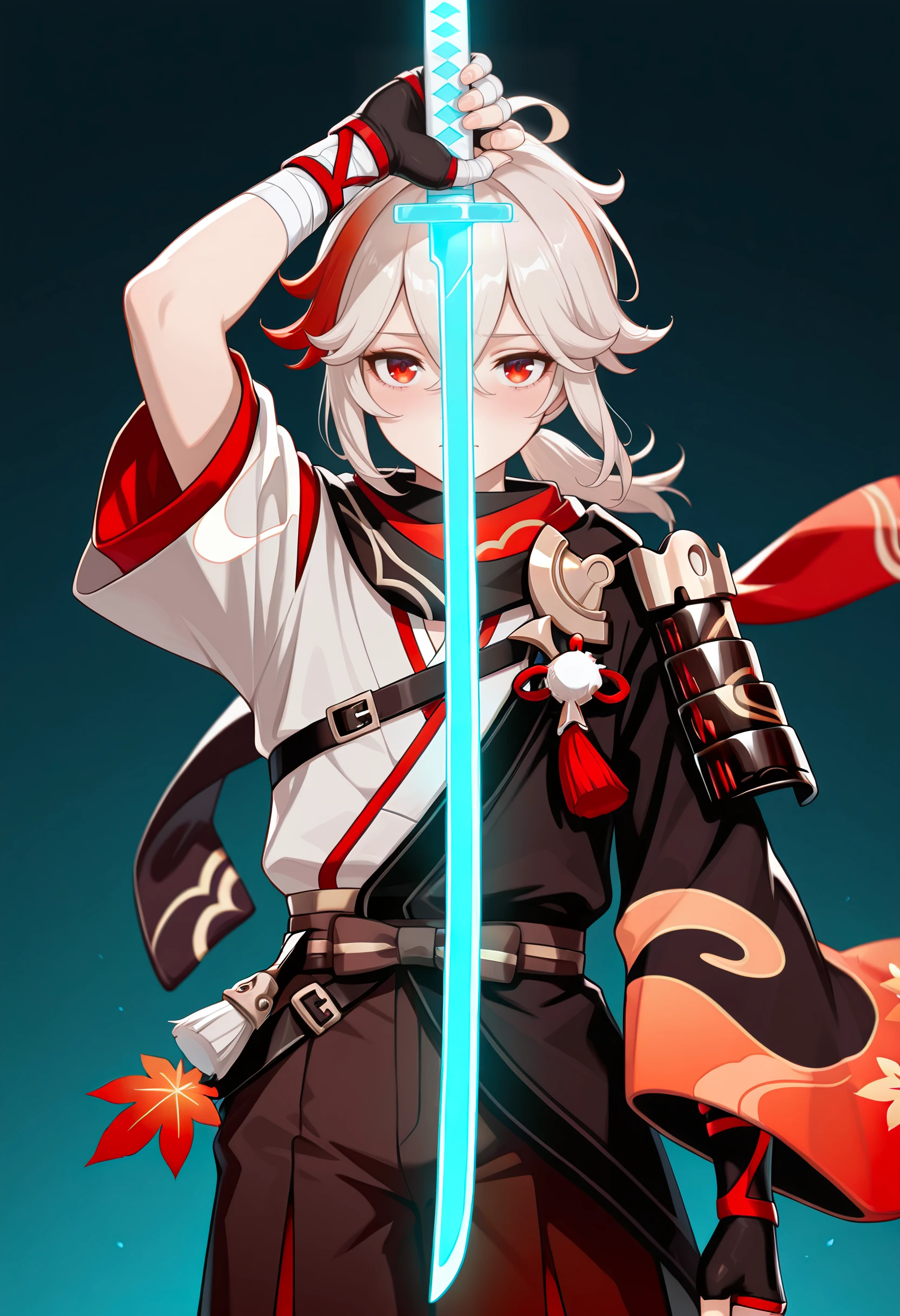 1boy, male focus, kaedehara kazuha, amazing quality, high resolution, ultra-detailed, arm up, armor, bandaged hand, bandages, black gloves, closed mouth, crossed bangs, fingerless gloves, gloves, glowing sword, glowing weapon, hair between eyes, holding, holding sword, holding weapon, japanese clothes, looking at viewer, ponytail, red eyes, solo, sword, weapon, masterpiece, best quality, very aesthetic, absurdres