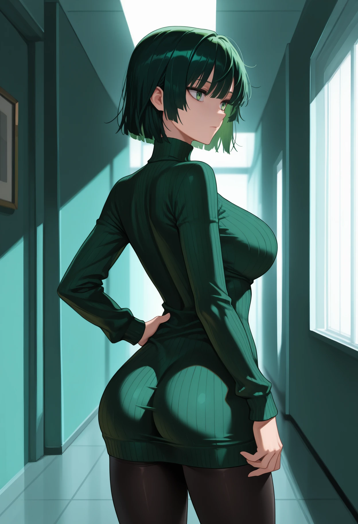 1girl,alone,(Fubuki\(One Punch Man)\), ass, from behind, (from bottom: 1.3), dominatrix, black tight clothing, short hair, greenish black hair, green eyes, green leather, living room, wooden furniture, anime, individual focus, (point of view), detailed face, complex skin, back, nightgown, long gloves, side head view, arrogant, disgust, warm light, large breasts, medium waist, wide hips, wide thighs, round butt