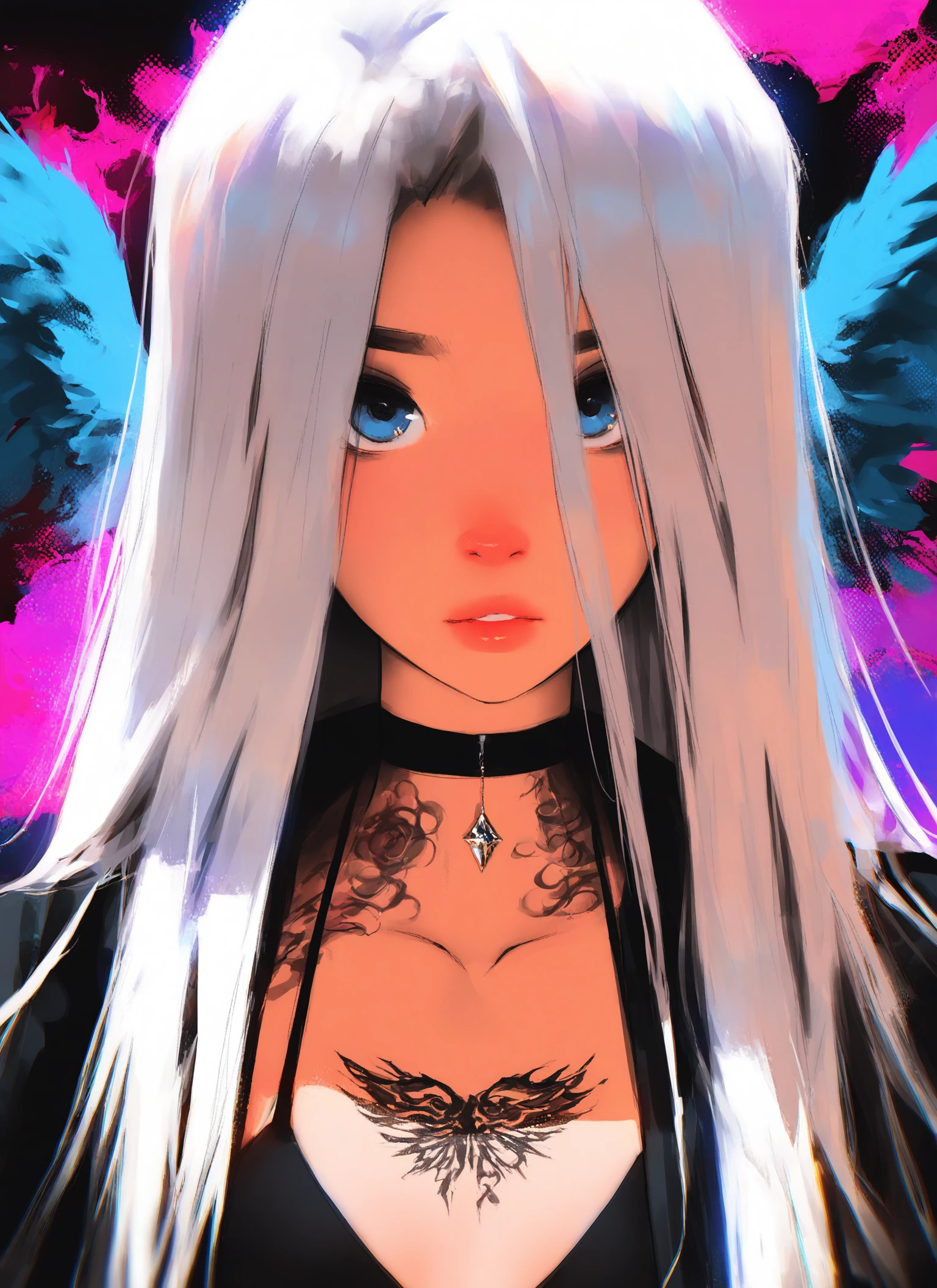 samdoesarts, digital art, anime style, 1girl, long white hair, blue eyes, pale skin, black choker, black bra, black jacket, chest tattoo, angel wings tattoo, lip gloss, red background, pink background, black background, abstract background, colorful background, eyeliner, straight hair, parted lips, looking at viewer, upper body, detailed eyes, dark clothing, gothic style, modern art style, vibrant colors, light reflection, hair in front, hair over eyes, black bra straps, black jacket collar, black jacket sleeves, black choker with pendant, black eyeliner, red lip gloss, tattoo on chest, tattoo on neck, tattoo on left side of neck, tattoo on right side of neck, black eyeliner on lower eyelid, soft shading, digital painting, semi-realistic style, high contrast, detailed textures, light source from front, medium close-up, centered composition.