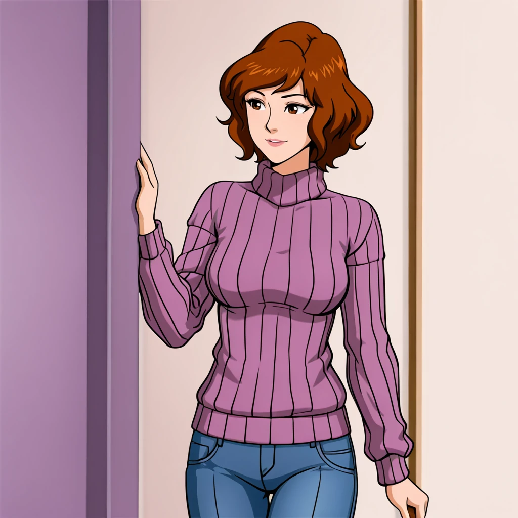 <lora:AprilONeil_illustrious_v1:.8>AprilONeilModern, 1girl, brown hair, brown eyes, short hair, , medium breasts, cowboy shot, sweater, jeans