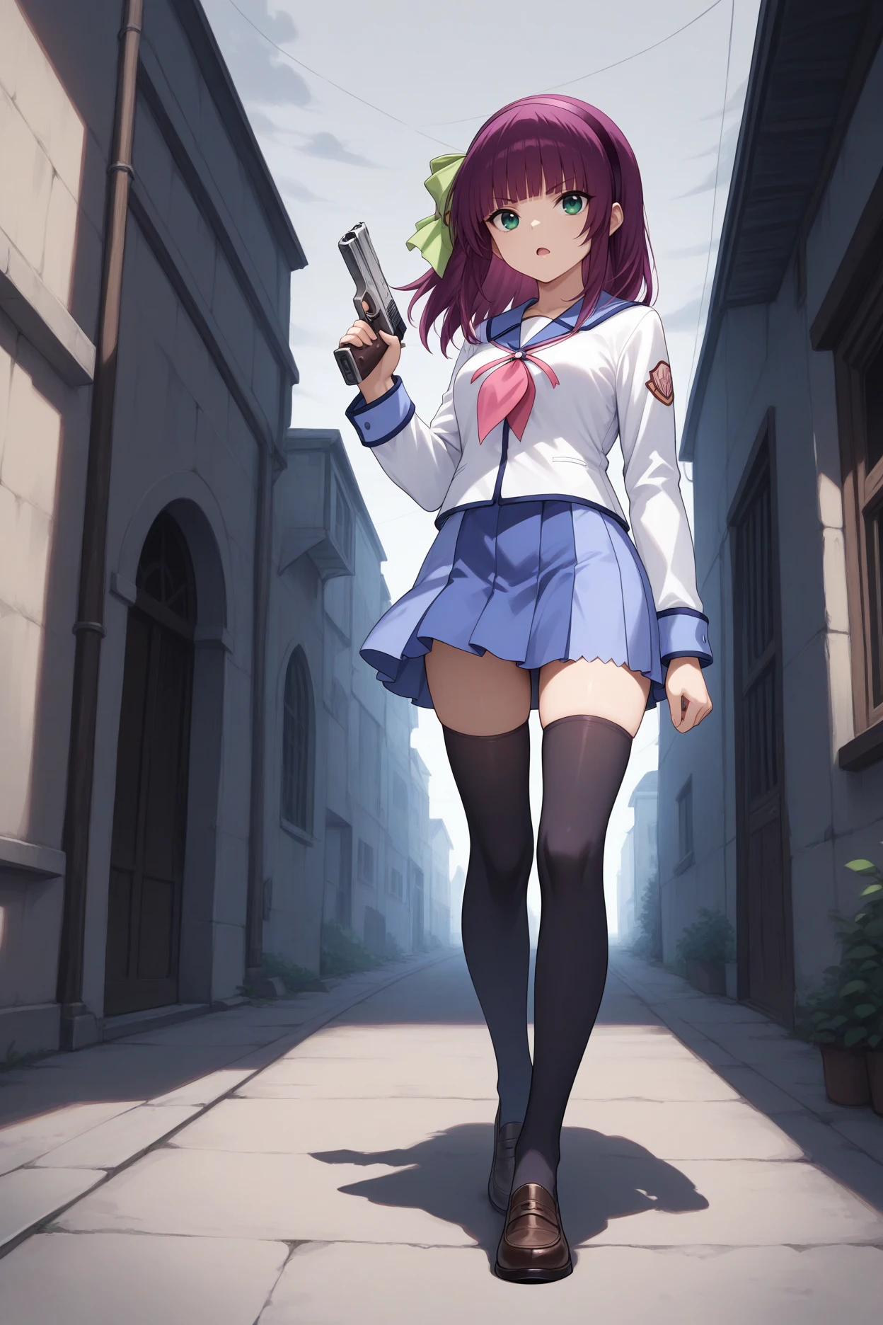 masterpiece, best quality, 1girl, solo, <lora:abyuri-illu-nvwls-v1-000006:1> nmyu, purple hair, medium hair, blunt bangs, green eyes, hairband, hair bow, green bow, blue sailor collar, pink neckerchief, neck ribbon, white shirt, long sleeves, blue skirt, miniskirt, pleated skirt, multicolored skirt, black thighhighs, loafers, full body, holding handgun, alleyway, grey sky, open mouth, serious, walking