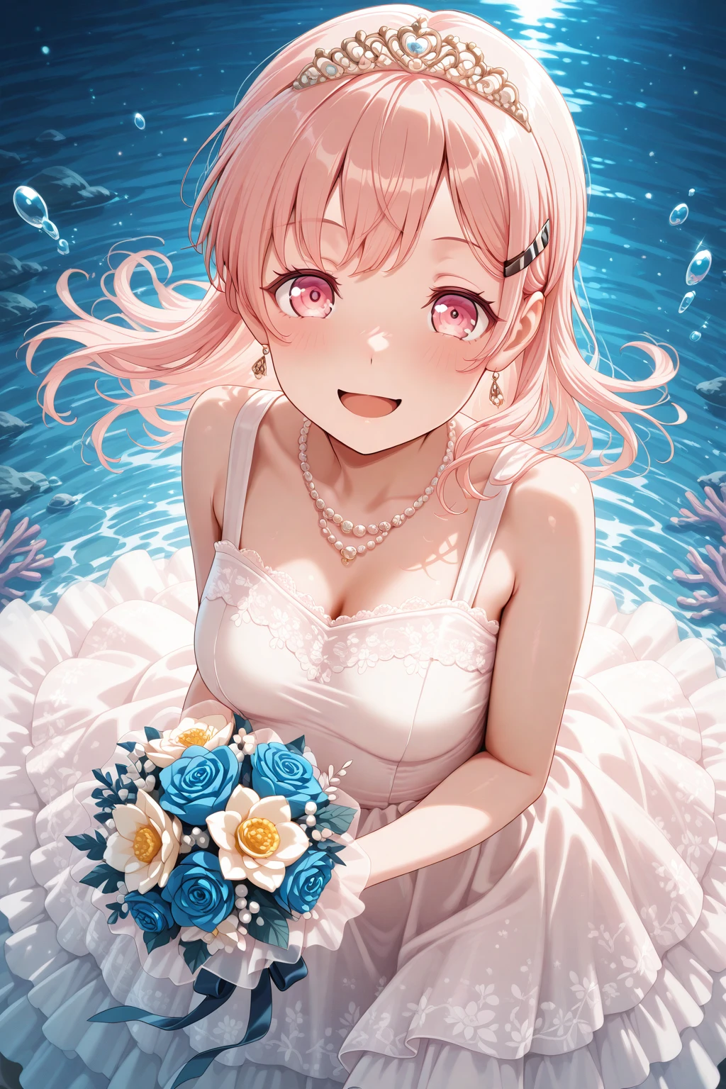 masterpiece, best quality, amazing quality, 1girl, solo, makeup, cowboy shot, looking at viewer, blush, smile, night, under the sea, pearl wedding hall, coral, posing, dynamic pose, open mouth, <lora:Hiromachi_Namami_Ban_Dori:1>, Hiromachi_Namami_Ban_Dori, pink eyes, pink hair, long hair, breasts, hairclip, dress, frilled dress, wedding dress, holding bouquet, bare shoulders, jewelry, tiara, pearl necklace, bow, ribbon, flower, white flower, blue rose, frills, lace trim, pearl hair ornament, <lora:wai-2Rectified-V140:1>, <lora:illustrious_noobai_epsilon_pred_1_masterpieces_v1:1>