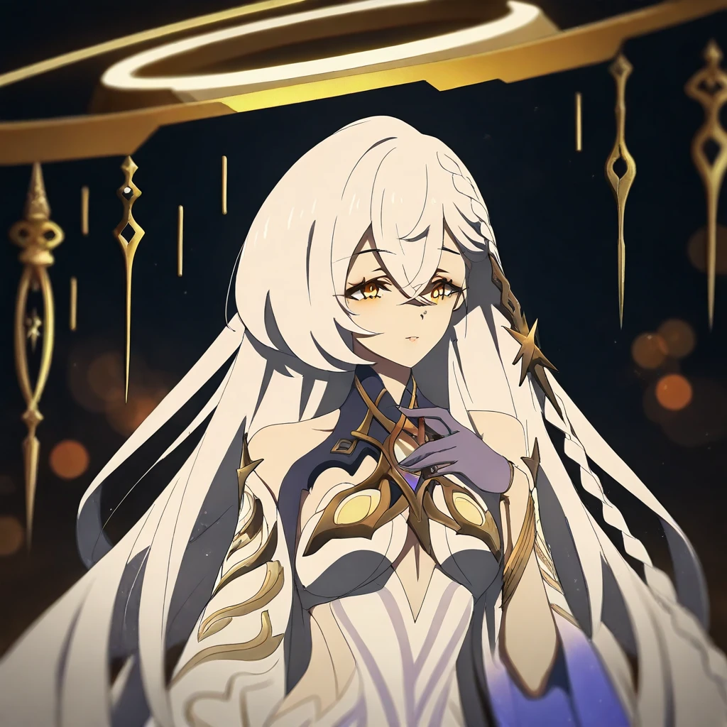 IstarothGI, 1girl, solo, white hair, very long hair, hair ornament, bangs, braid, hair between eyes, amber eyes, lips, halo, nimbus, jewelry, white dress, dress ornament, wide sleeves, large breast, detached sleeves, bare shoulders, purple gloves, bracelets, cleavage cutout, halter dress, cutout dress, thick thighs, barefoot, anklet, masterpiece, best quality, fine details, intricate details, depth of field, subsurface scattering, bokeh, ultra-detailed, very aesthetic, detailed background, newest, scenery, highres, absurdres, colorful, vibrant, glowing, perfect face, 2d, perfect eyes, vibrant saturated colors, volumetric lighting, sharp, detailed eyes, perfect anatomy, perfect face, perfect eyes, mature body, clear eyes, beautiful eyes, athletic, curvy body, athletic girl, perky tits, perfect tits, round breasts, pinup pose, teasing, lustful expression, perfect hands, muscular female,