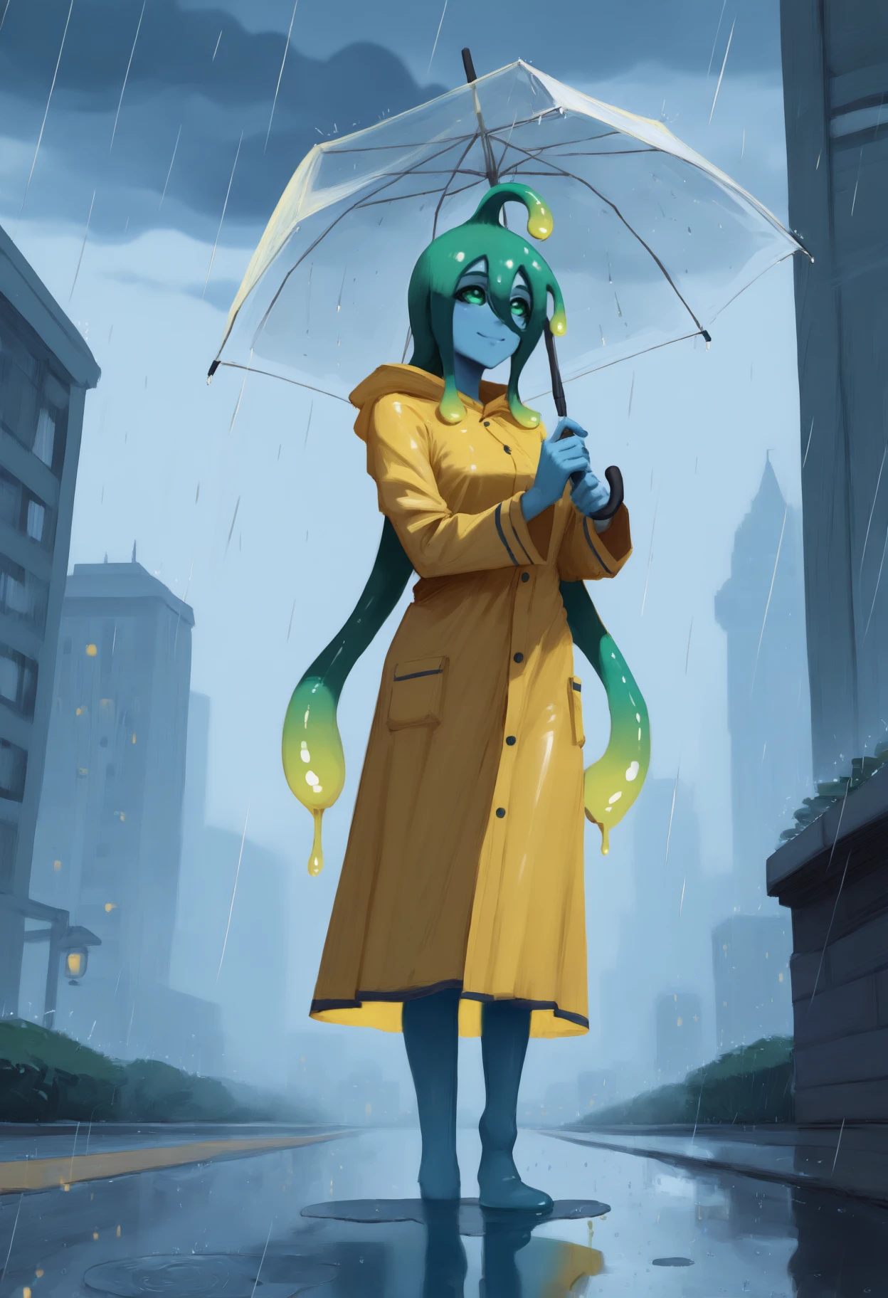 newest, painterly, solo, 1girl, slime girl, blue skin, smile, looking up, standing, holding umbrella, transparent umbrella, green hair, tentacle hair, hair between eyes, ahoge, green eyes, yellow raincoat, long sleeves, outdoors, cloudy sky, rain, city, building, sidewalk, puddle
<segment:yolo-Anzhc Face seg 640 v3 y11n.pt,0.5,1//cid=11>