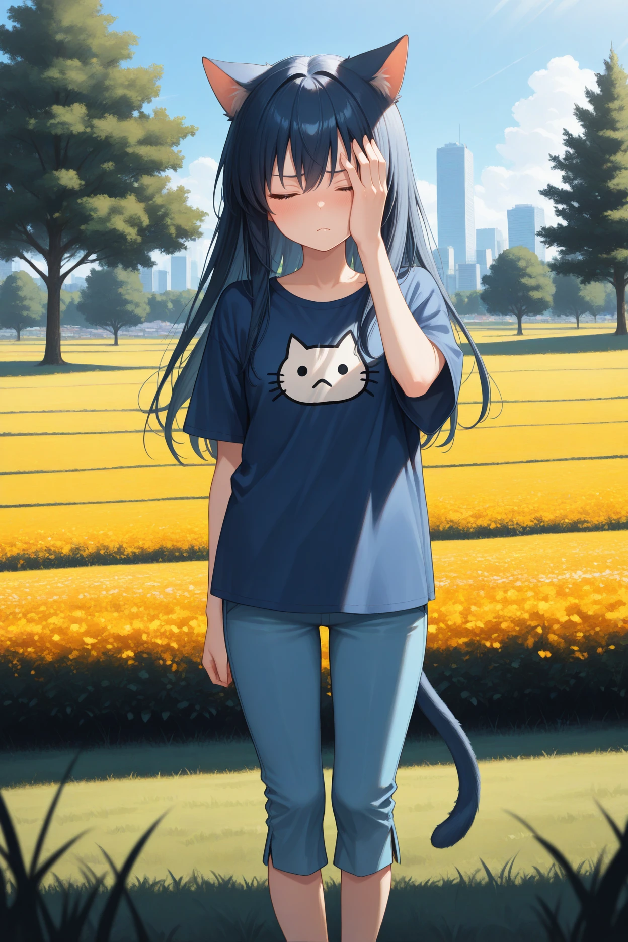 masterpiece, best quality, 1girl, solo, <lora:aberi-illu-nvwls-v1-000006:1> shne, dark blue hair, long hair, cat ears, cat tail, blue t-shirt, cat print, blue pants, capri pants, looking at viewer, closed eyes, frown, blush, facepalm, blue sky, tree, field, city