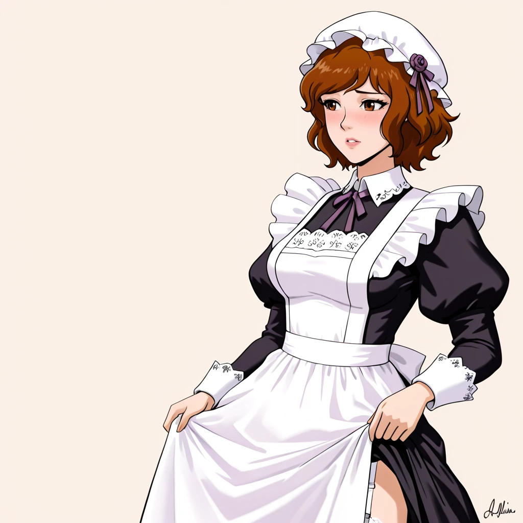 <lora:AprilONeil_illustrious_v1:.9>AprilONeilModern, 1girl, brown hair, brown eyes, short hair, , medium breasts, cowboy shot, <lora:victorian-illustriousxl-lora-nochekaiser:1> victorian, apron, black dress, clothes lift, dress, embroidery, garter straps, hat, juliet sleeves, lace trim, maid, maid apron, mob cap, official alternate costume, official alternate hairstyle, parted lips, puffy sleeves, puritan collar, ribbon, shy, signature, simple background, skirt, white apron,