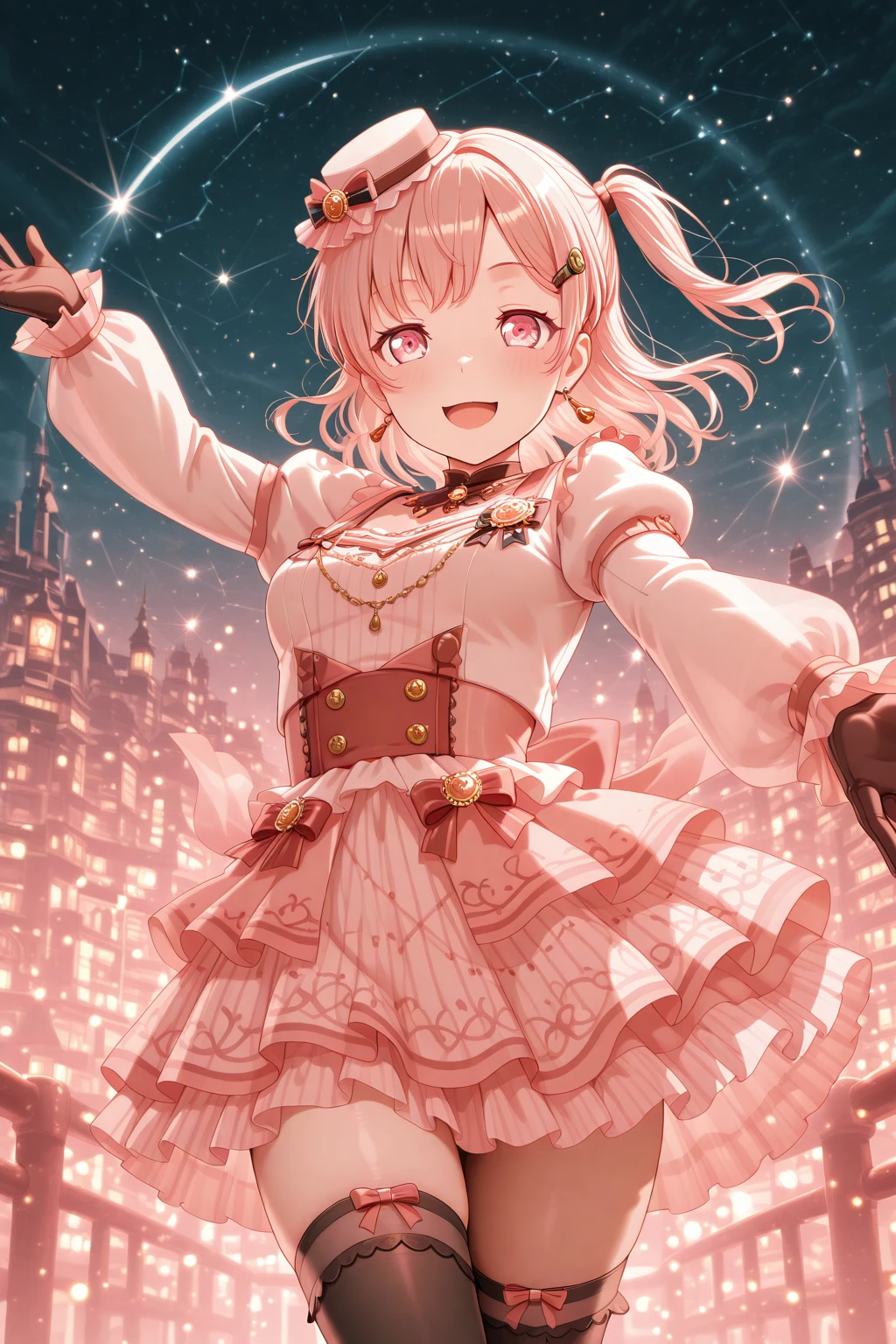masterpiece, best quality, amazing quality, 1girl, solo, makeup, cowboy shot, looking at viewer, blush, smile, constellation, sparkle, city lights, crescent moon, depth of field, outdoors, night, starry sky, moon, city, standing, looking up, happy, outstretched arms, lovely, beautiful, posing, dynamic pose, open mouth, <lora:Hiromachi_Namami_Ban_Dori:1>, Hiromachi_Namami_Ban_Dori, pink eyes, pink hair, side ponytail, breasts, hairclip, dress, bow, ribbon, jewelry, frilled dress, puffy sleeves, thighhighs, striped clothes, frilled sleeves, bow, ribbon, mini top hat, jewelry, gloves, <lora:wai-2Rectified-V140:1>, <lora:illustrious_noobai_epsilon_pred_1_masterpieces_v1:1>