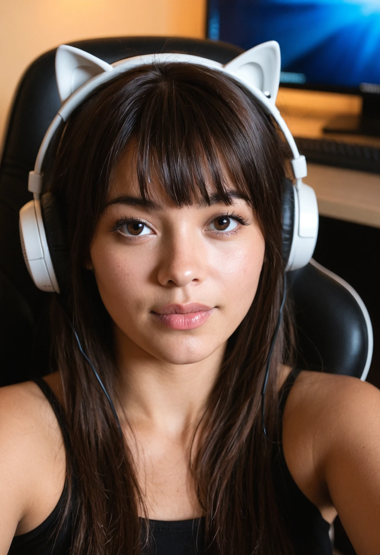 1girl,photo,realism,bangs,long hair,detailed face,masterpiece,best quality,cinematic,bokeh,upper body, indooors,gaming setup, gaming chair,dramatic illumination,warm,photorealism,film grain,amateur recording,kawaii,cat ears headphones,cute
