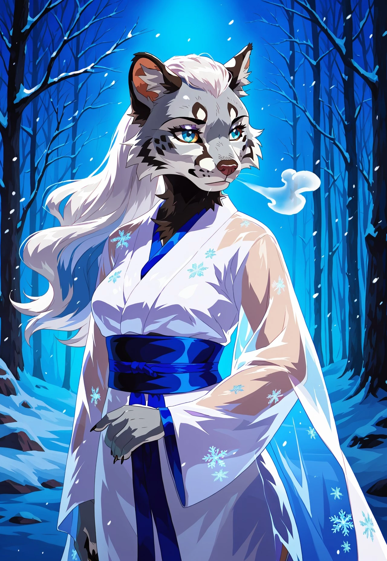 Cartoon style, furry, anthro, Ethereal anthropomorphic snow leopardess as Yuki-onna. Translucent skin over pale blue-grey fur, long white hair flowing like blizzard winds, dressed in tattered white kimono that fades into snowflakes. She floats above the ground, icy breath crystallizing the air, expression hauntingly beautiful and melancholic. Background: Moonlit bamboo forest (takenoko), heavy snowfall, deep blue shadows. Style: Ethereal watercolor painting, realistic furry anatomy, ghostly transparency, monochromatic cool tones (blues, whites, greys), sense of cold silence. --ar 3:4