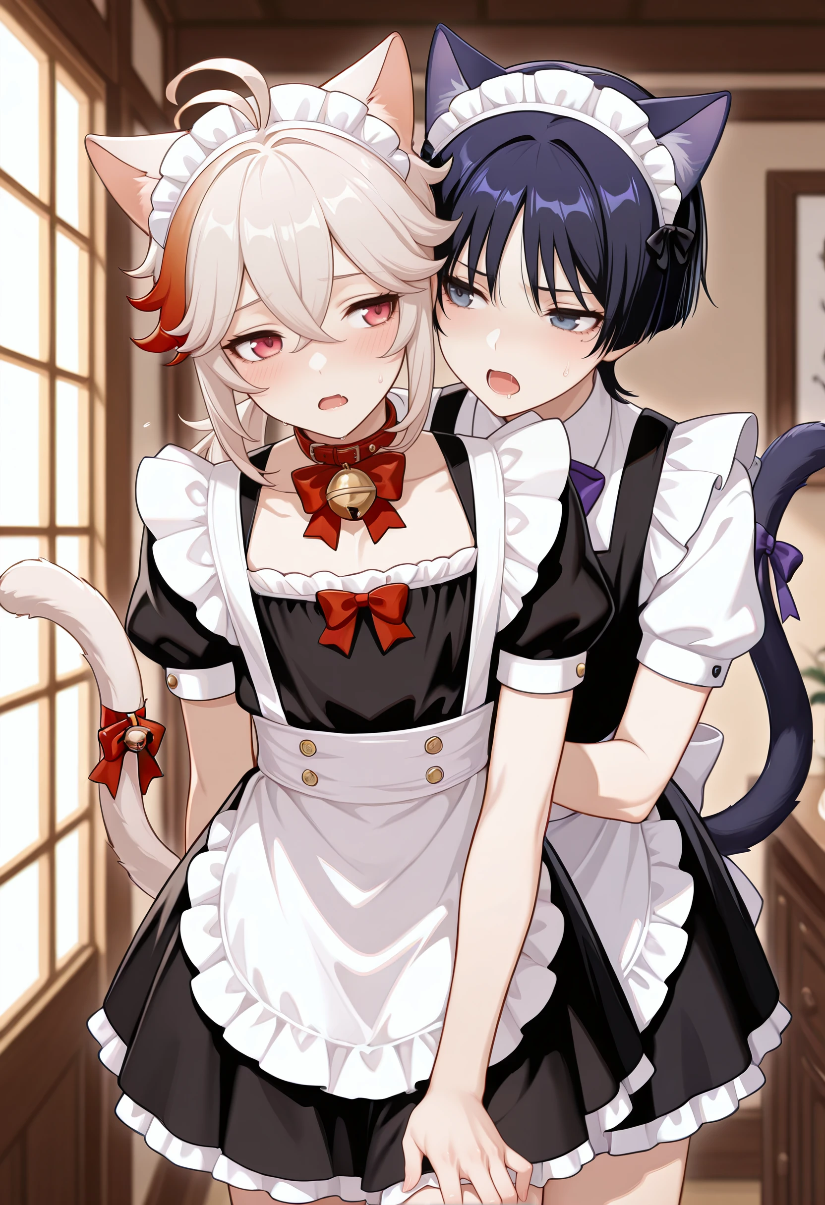 2boys, male focus, multiple boys, kaedehara kazuha, (genshin impact:1.1), amazing quality, high resolution, ultra-detailed, scaramouche, alternate costume, animal ears, apron, bell, bow, cat boy, cat ears, cat tail, collar, crossdressing, dress, maid, male maid, neck bell, open mouth, purple eyes, red eyes, short hair, short sleeves, tail, tail ornament, yaoi, masterpiece, best quality, very aesthetic, absurdres