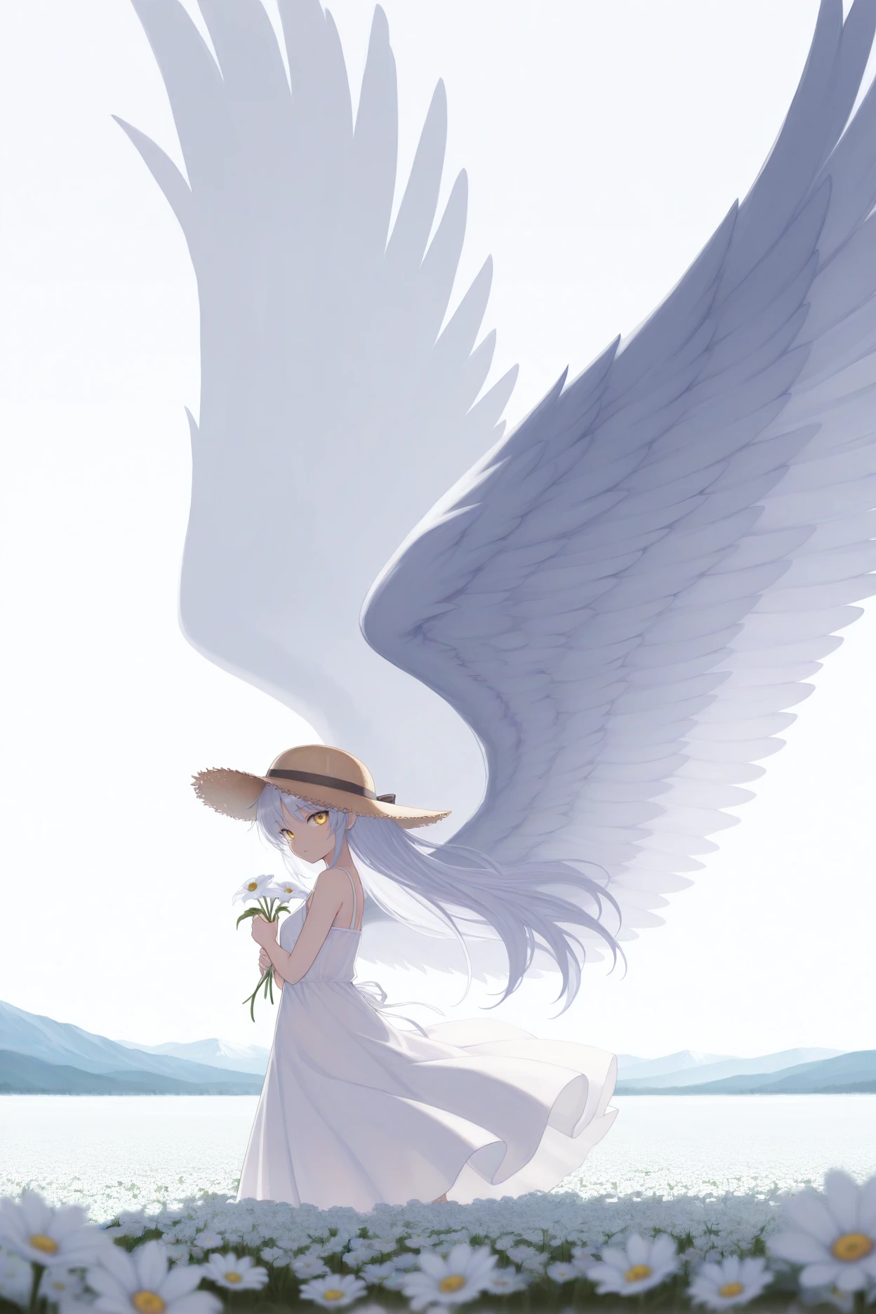 masterpiece, best quality, 1girl, solo, <lora:abtenshi-illu-nvwls-v1-000006:1> tkne, white hair, long hair, yellow eyes, white sundress, straw hat, angel wings, holding white flower, white flowers, flower field, from side, looking at viewer, mountains, white sky, hdr, wide shot, huge wings