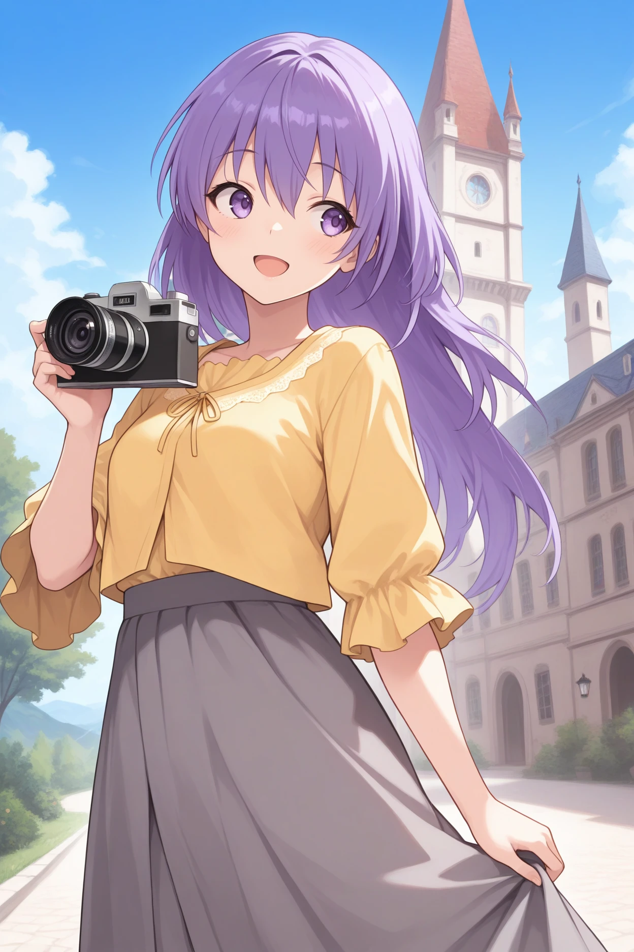 masterpiece, best quality, 1girl, solo, <lora:abirie-illu-nvwls-v1-000006:1> mkir, purple hair, long hair, hair between eyes, purple eyes, yellow blouse, grey skirt, long skirt, smile, open mouth, looking to the side, holding camera, european architecture, blue sky