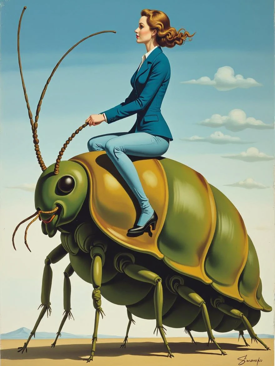 Salvador Dali style. Painting of a woman riding a giant catepillar like creature.  The woman is wearing a blue jacket and trousers.