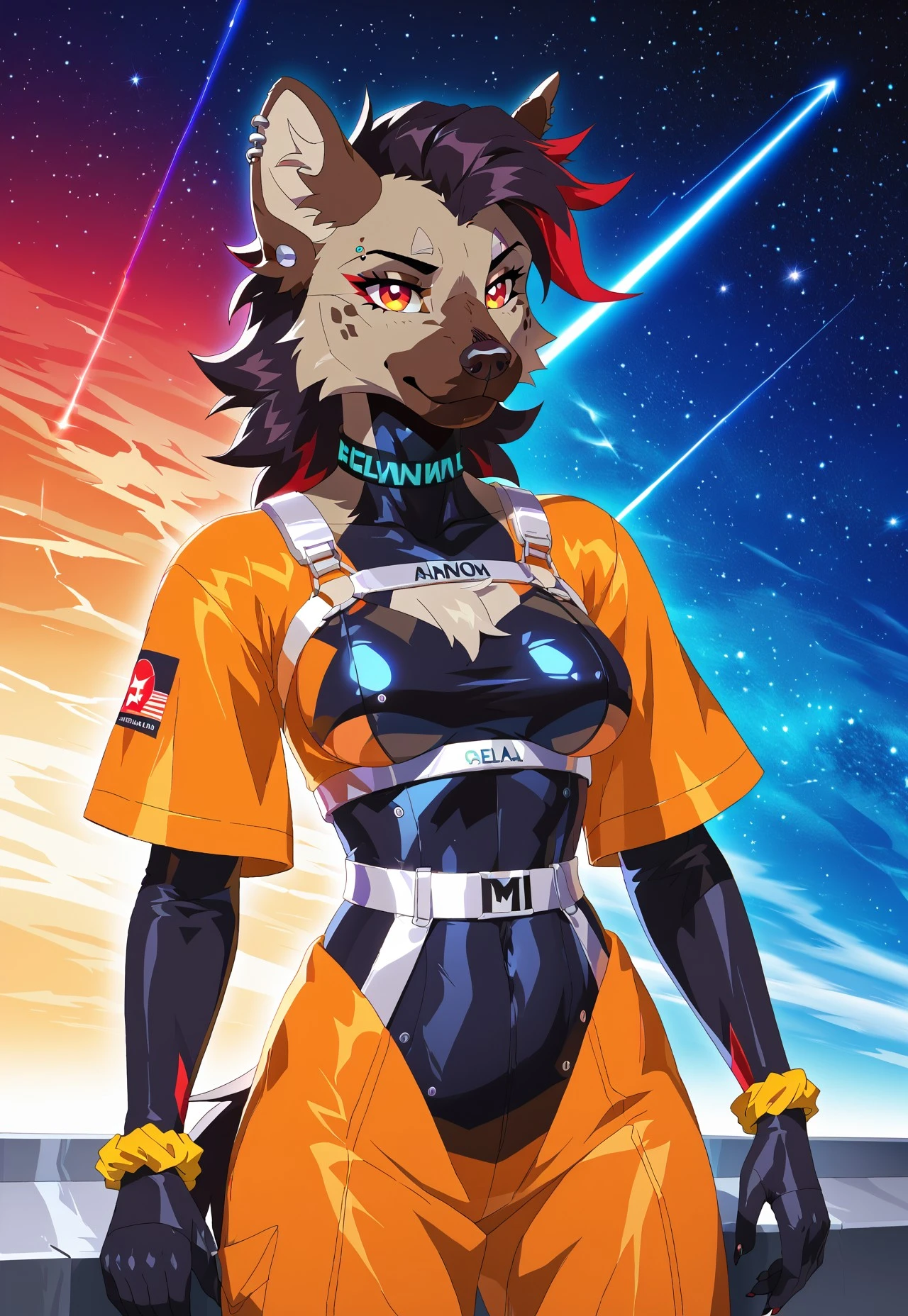 Voluminous style, high detail, best quality, furry, anthro, (epic scale), anthro female hyena, black void-dusted fur, piercing red eyes, medium black hair with crimson solar-flare tips (zero-g updo, magnetic orange scrunchie), black titanium choker. Commanding in ornate black/orange space-kimono (nebula & mecha-embroidery), magnetic long sleeves, wide armored obi, chest cutout under translucent oxygen-harness. Standing on bridge of retro-futurist starship "Oni's Claw", viewing massive warping starfield through panoramic viewport. Holographic fleet displays reflected in eyes. Style: Sci-fi illustration, starscape lighting, detailed mix of traditional & space-tech, dramatic perspective. Mood: Authoritative, cosmic, fearless leader
