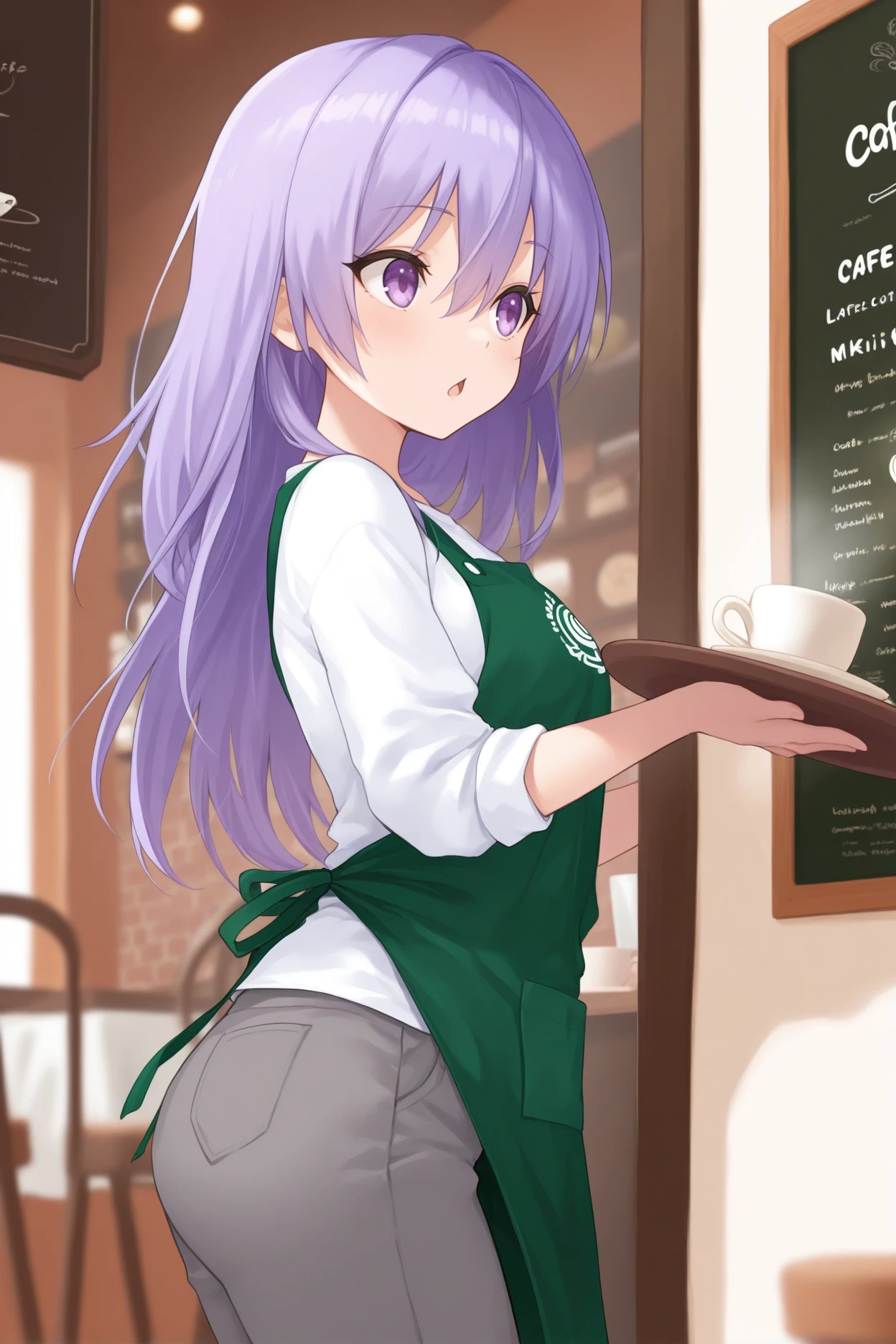 masterpiece, best quality, 1girl, solo, <lora:abirie-illu-nvwls-v1-000006:1> mkir, purple hair, long hair, hair between eyes, purple eyes, green apron, white shirt, grey pants, cafe, holding tray, latte, looking to the side, chestnut mouth