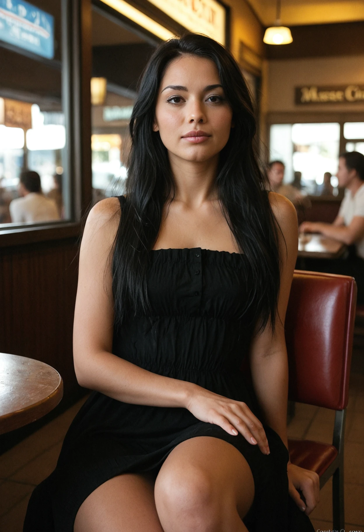 score_9, score_8_up, score_7_up,1girl,photo,realism,black hair,long hair,detailed face,wearing a dress,indoors,street,masterpiece,best quality,cinematic,bokeh ,(skin details:0.7),cowboy shot,sitting,restaurant, 1980s \(style\),vintage,film grain,