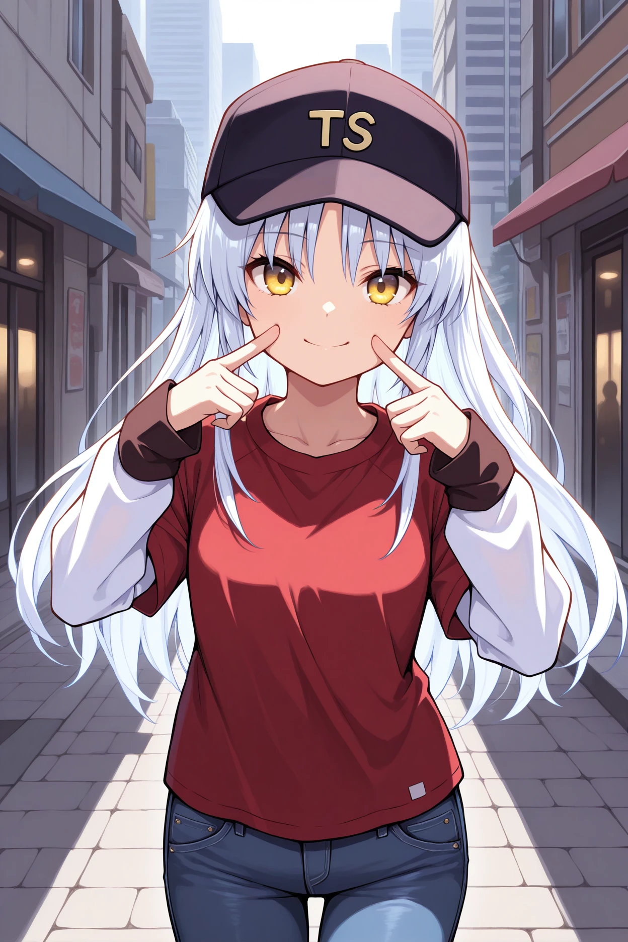 masterpiece, best quality, 1girl, solo, <lora:abtenshi-illu-nvwls-v1-000006:1> tkne, white hair, long hair, yellow eyes, red t-shirt, white sleeves, layered sleeves, baseball cap, jeans, fingersmile, smile, hands up, expressionless, looking at viewer, city street