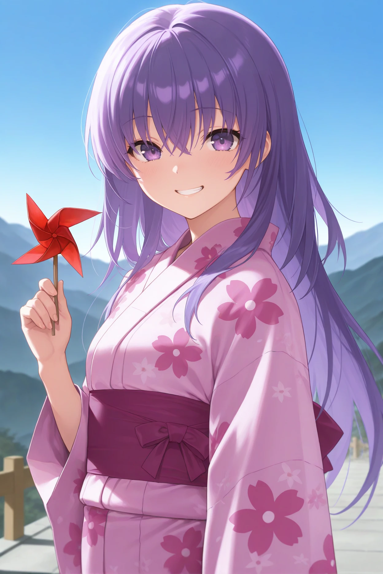 masterpiece, best quality, 1girl, solo, <lora:abirie-illu-nvwls-v1-000006:1> mkir, purple hair, long hair, hair between eyes, purple eyes, pink yukata, floral print, sash, mountains, blue sky, looking at viewer, grin, holding pinwheel