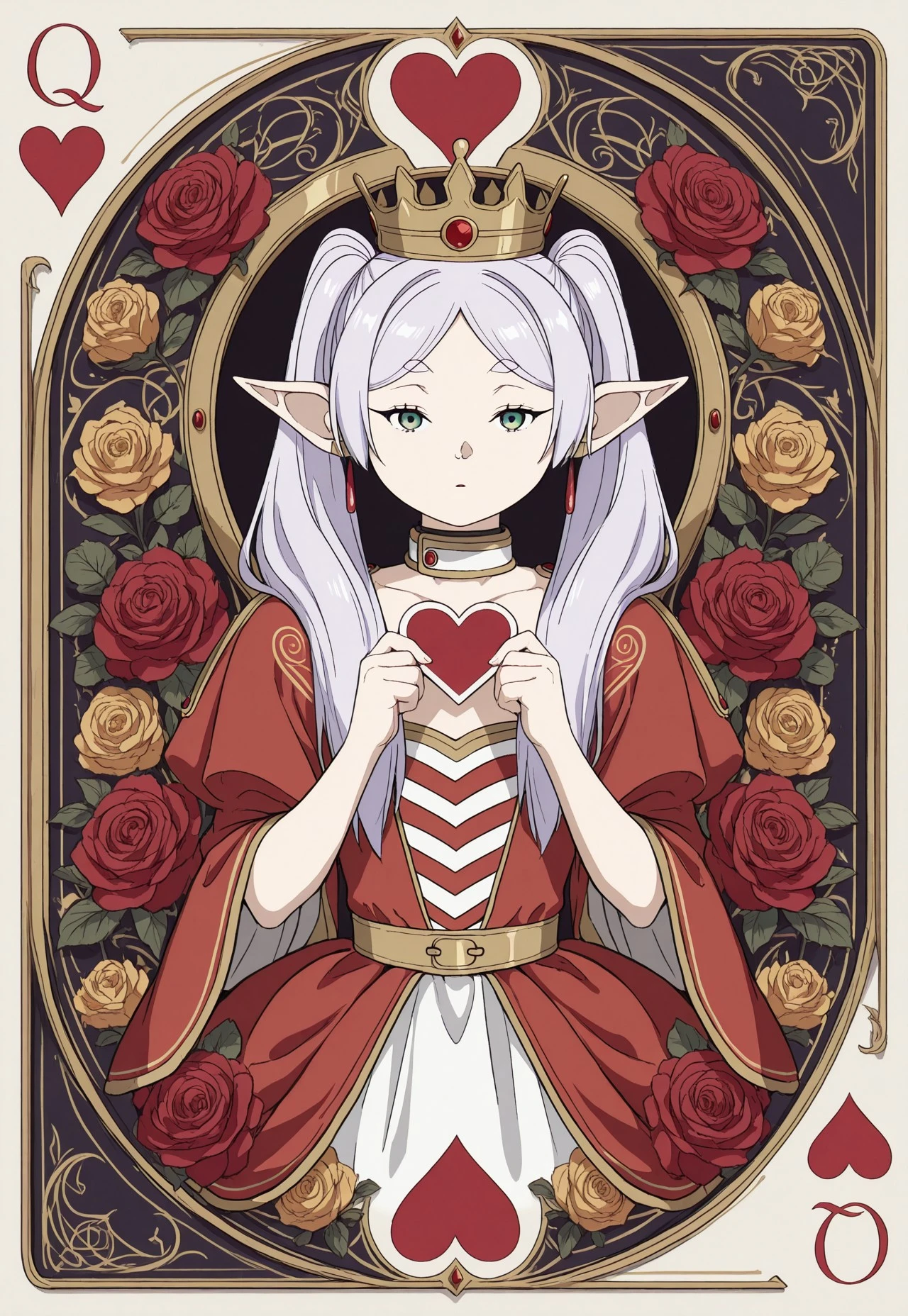(((ultra detailed, masterpiece, high quality, )))
,
((( Qohmb2, 1girl, solo, flower, dress, crown, heart,)))
,
((( frieren, grey hair, long hair, green eyes, twintails, parted bangs, earrings, pointy ears )))
,
((( playing card )))
,
((( )))
,
((( )))
,
((( )))
,
((( )))