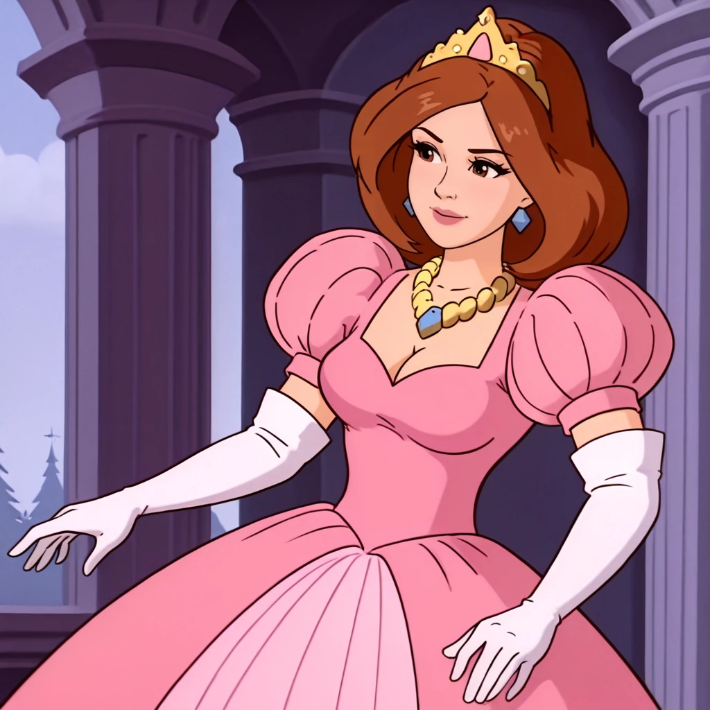 <lora:AprilONeil_illustrious_v1:1> AprilONeilPinkDress, 1girl, pink dress, elbow gloves, brown hair, crown, medium breasts, jewelry, necklace, cleavage, brown eyes, tiara, puffy sleeves, princess, white gloves, puffy short sleeves, cowboy shot