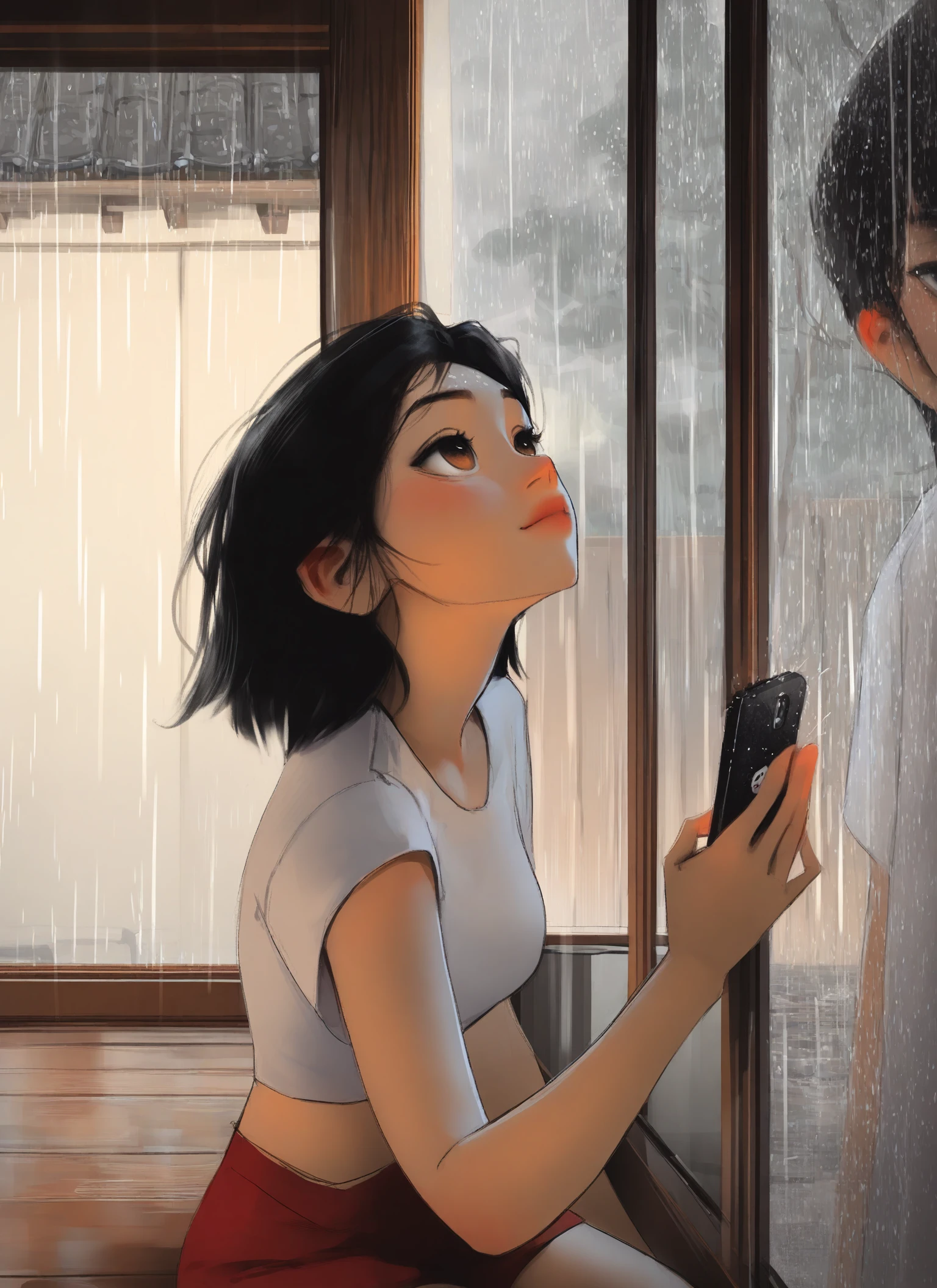 samdoesarts, digital art, anime style, 1girl, brown eyes, black hair, short hair, loose hair, white shirt, red shorts, sitting, looking up, holding phone, rain, raindrops on window, wet window, wooden window frame, wooden wall, indoors, natural light, soft shading, realistic lighting, casual clothing, relaxed expression, slightly blushed cheeks, medium breasts, slim physique, light skin, Japanese, traditional Japanese architecture, rainy weather, daytime, reflection in window, upper body, legs visible, simple background, detailed textures, realistic rain effect, melancholic mood, contemplative expression, subtle color palette, warm tones, soft focus, atmospheric lighting, rainy scene, introspective atmosphere