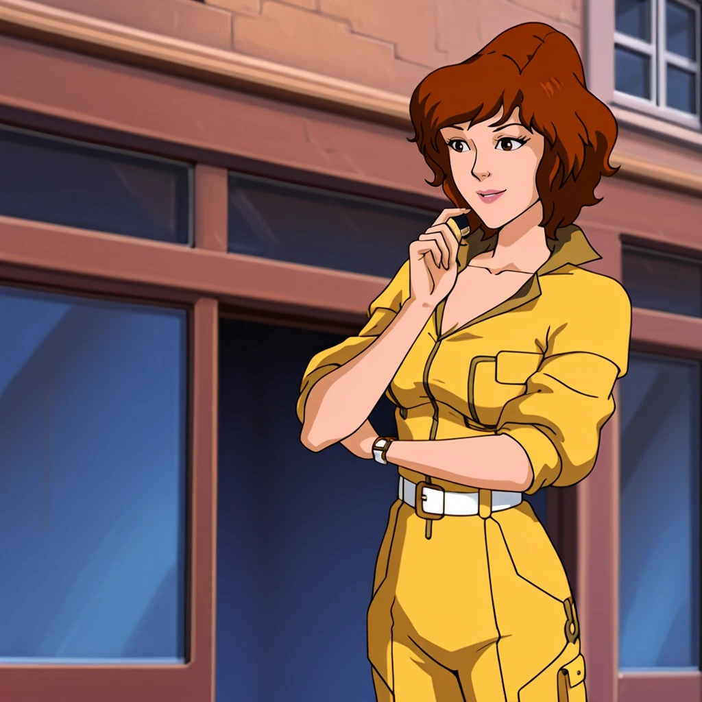 <lora:AprilONeil_illustrious_v1:1>AprilONeilModern, 1girl, brown hair, brown eyes, watch, retro artstyle, wristwatch, white belt, sleeves rolled up, short hair, jumpsuit, medium breasts, cowboy shot