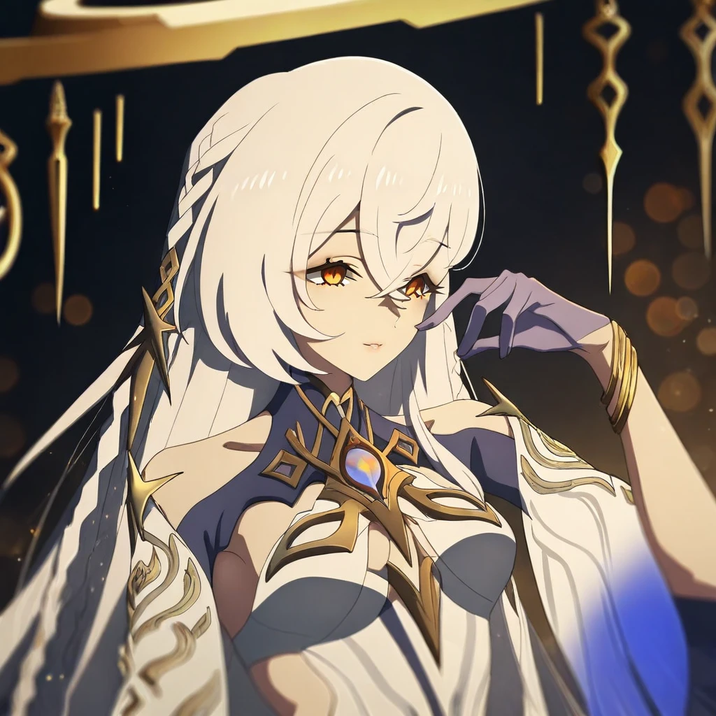 IstarothGI, 1girl, solo, white hair, very long hair, hair ornament, bangs, braid, hair between eyes, amber eyes, lips, halo, nimbus, jewelry, white dress, dress ornament, wide sleeves, large breast, detached sleeves, bare shoulders, purple gloves, bracelets, cleavage cutout, halter dress, cutout dress, thick thighs, barefoot, anklet, masterpiece, best quality, fine details, intricate details, depth of field, subsurface scattering, bokeh, ultra-detailed, very aesthetic, detailed background, newest, scenery, highres, absurdres, colorful, vibrant, glowing, perfect face, 2d, perfect eyes, vibrant saturated colors, volumetric lighting, sharp, detailed eyes, perfect anatomy, perfect face, perfect eyes, mature body, clear eyes, beautiful eyes, athletic, curvy body, athletic girl, perky tits, perfect tits, round breasts, pinup pose, teasing, lustful expression, perfect hands, muscular female,