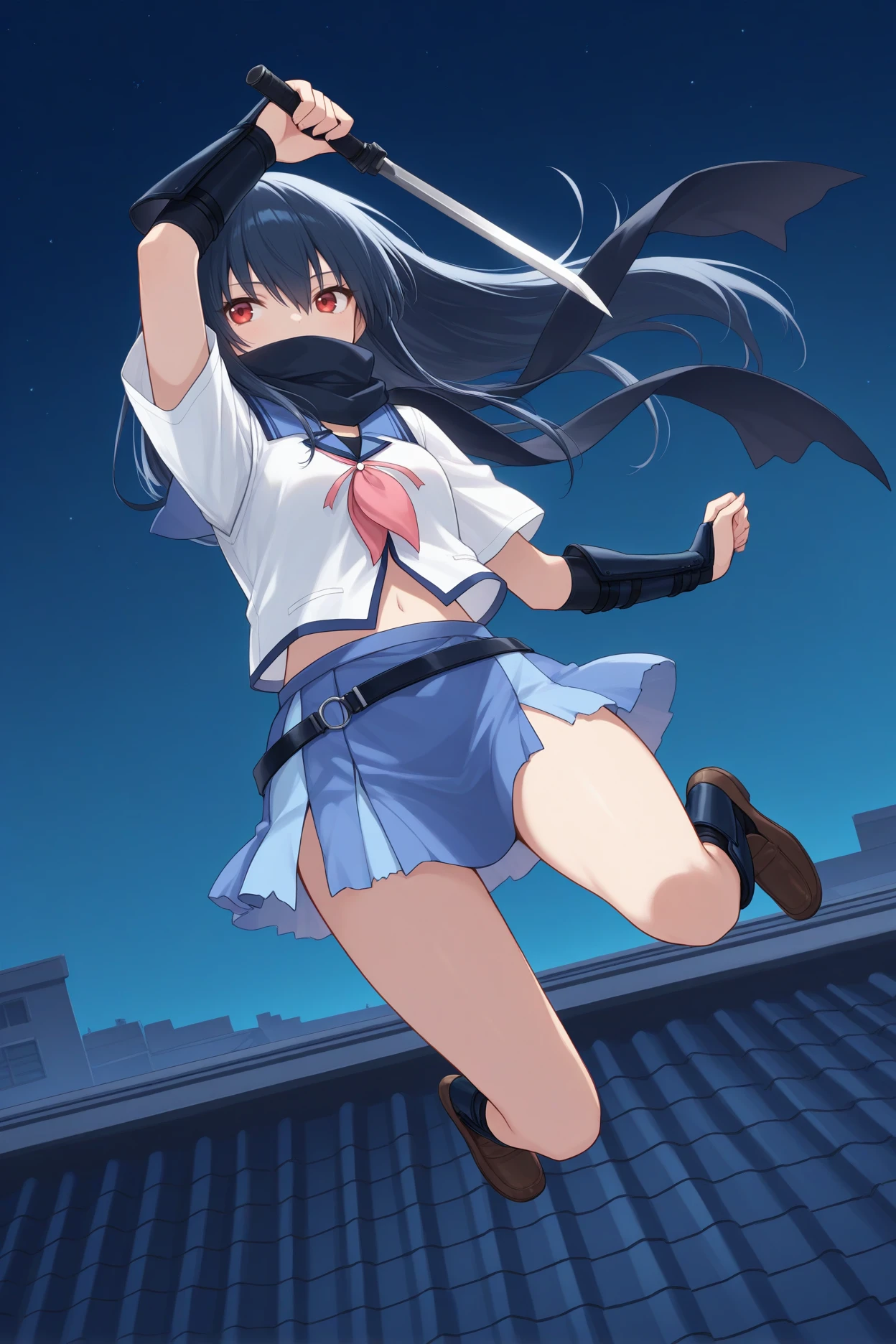 masterpiece, best quality, 1girl, solo, <lora:aberi-illu-nvwls-v1-000006:1> shne, dark blue hair, long hair, red eyes, black scarf, white shirt, blue sailor collar, short sleeves, pink neckerchief, neck ribbon, navel, belt, blue skirt, miniskirt, pleated skirt, multicolored skirt, arm guards, fingerless gloves, black gloves, leg guards, loafers, scarf over mouth, jumping, holding short sword, night sky, rooftop, falling, full body