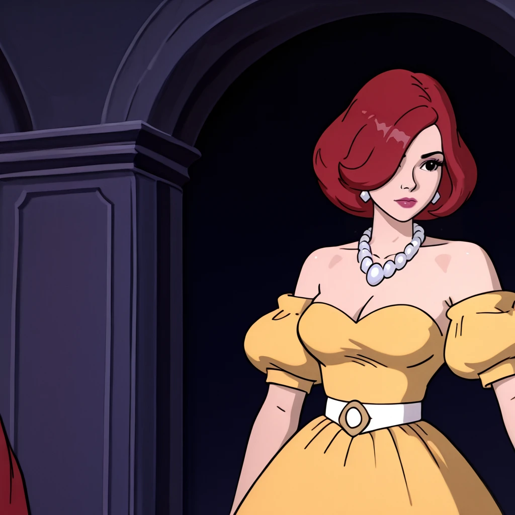 <lora:AprilONeil_illustrious_v1:1>AprilONeilYellowDress, 1girl, pearl necklace, jewelry, off-shoulder dress, red hair, off shoulder, medium breasts, cleavage, short hair, yellow dress, belt, hair over one eye, black eyes, bare shoulders, short sleeves, lipstick, makeup, puffy sleeves, cowboy shot