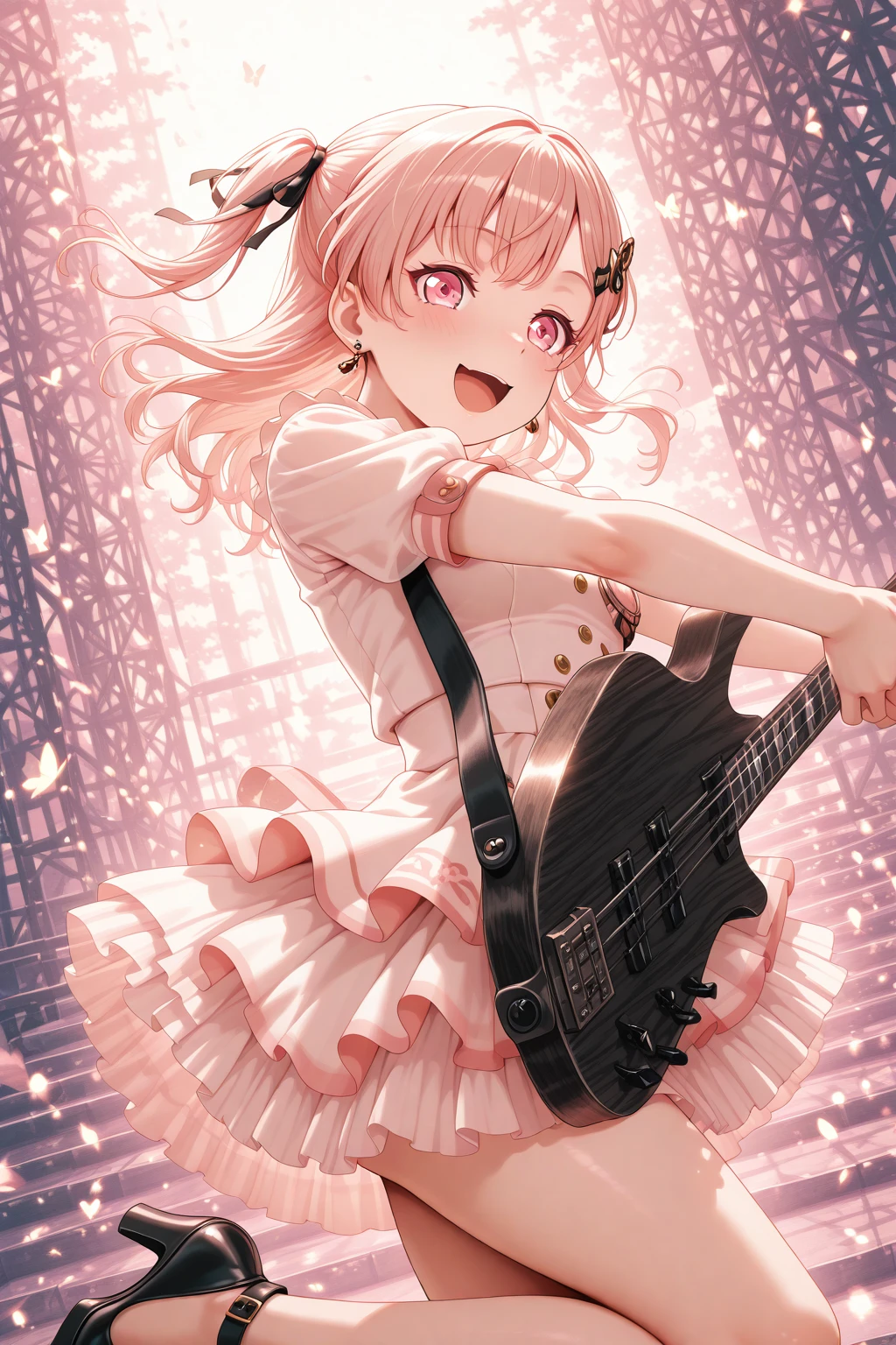 masterpiece, best quality, amazing quality, 1girl, solo, makeup, cowboy shot, looking at viewer, blush, smile, flower, instrument, electric bass, holding bass guitar, jumping, stage performance, excited, energetic, concert, outstretched arms, standing on one leg, dramatic angle, open mouth, <lora:Hiromachi_Namami_Ban_Dori:1>, Hiromachi_Namami_Ban_Dori, pink eyes, pink hair, long hair, breasts, two side up, hair ribbon, hairclip, layered skirt, white dress, frilled skirt, see-through sleeves, butterfly hair ornament, puffy short sleeves, high heels, jewelry, earrings, hair ribbon, <lora:wai-2Rectified-V140:1>, <lora:illustrious_noobai_epsilon_pred_1_masterpieces_v1:1>