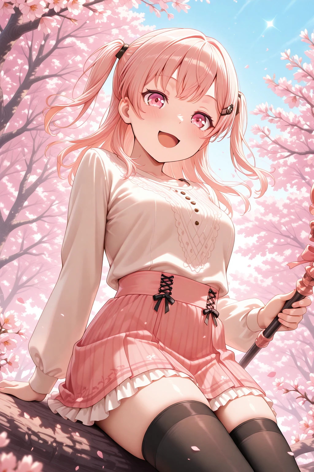 masterpiece, best quality, amazing quality, 1girl, solo, makeup, cowboy shot, looking at viewer, blush, smile, flower, sparkle, petals, sitting on tree, cherry blossoms, outdoors, day, sky, petals, :d, posing, dramatic angle, open mouth, <lora:Hiromachi_Namami_Ban_Dori:1>, Hiromachi_Namami_Ban_Dori, pink eyes, pink hair, long hair, breasts, two side up, hair ribbon, hairclip, thighhighs, zettai ryouiki, frilled skirt, striped clothes, (holding staff), bow, ribbon, hair ornament, musical note, <lora:wai-2Rectified-V140:1>, <lora:illustrious_noobai_epsilon_pred_1_masterpieces_v1:1>